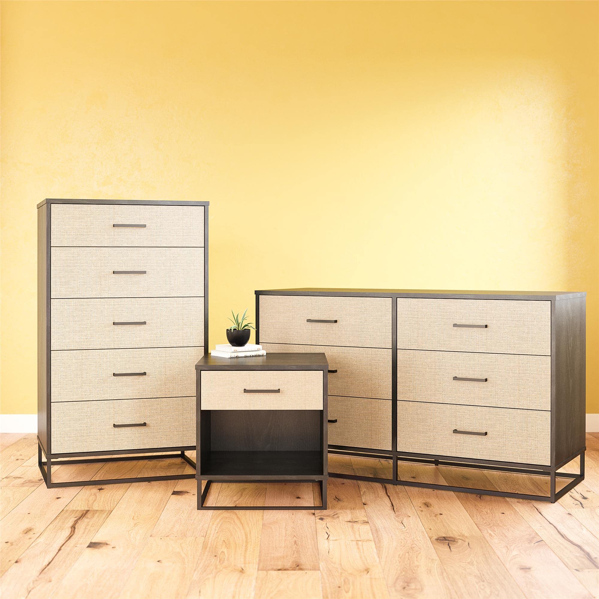 Novogratz Kelly 6-Drawer Dresser - Faux Rattan & Black Oak Finish - Modern Bedroom Storage Furniture for Clothes, Linens & Accessories - Perfect for Master Bedroom, Guest Room or Dorm Organization