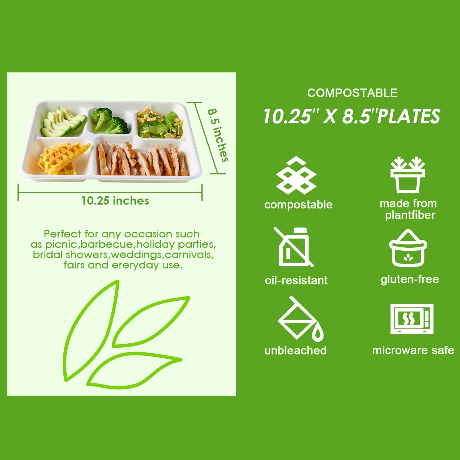 Vplus 500 Pack 5-Compartment Biodegradable Paper Plates - 10.25x8.5 Inch Eco-Friendly Disposable Lunch Trays for School, Party & Buffet - Made from Sustainable Bagasse Fiber - Perfect for Kids Meals, Picnics & Catering Events