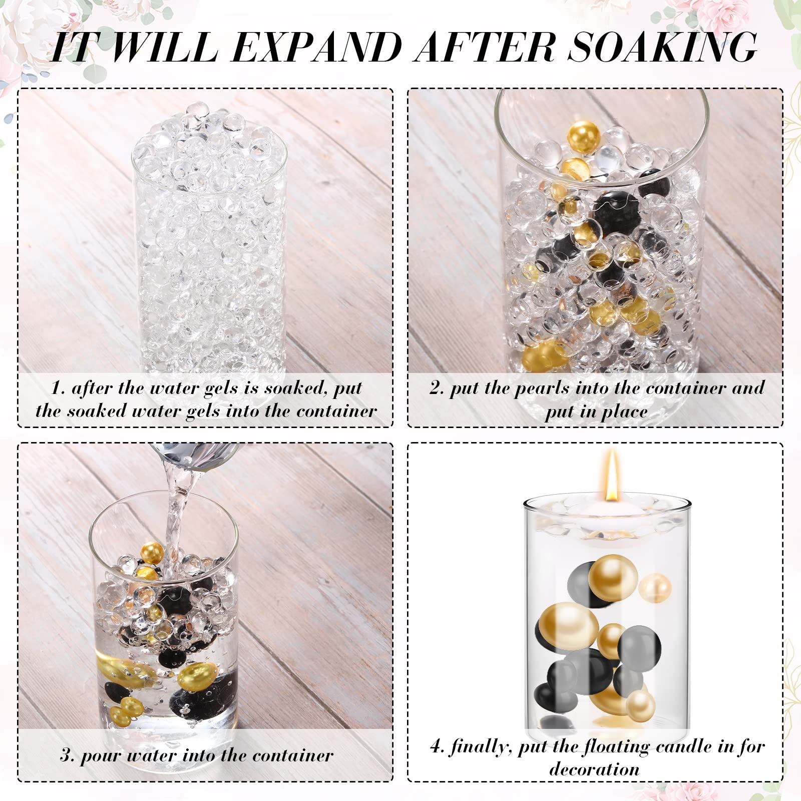 12-Piece Glass Cylinder Vase Set with 260 Gold & Black Pearl Beads, 20,000 Clear Gel Beads & 24 White Floating Candles - Wedding Centerpieces, Table Decor, Home Decoration for Weddings, Parties & Events