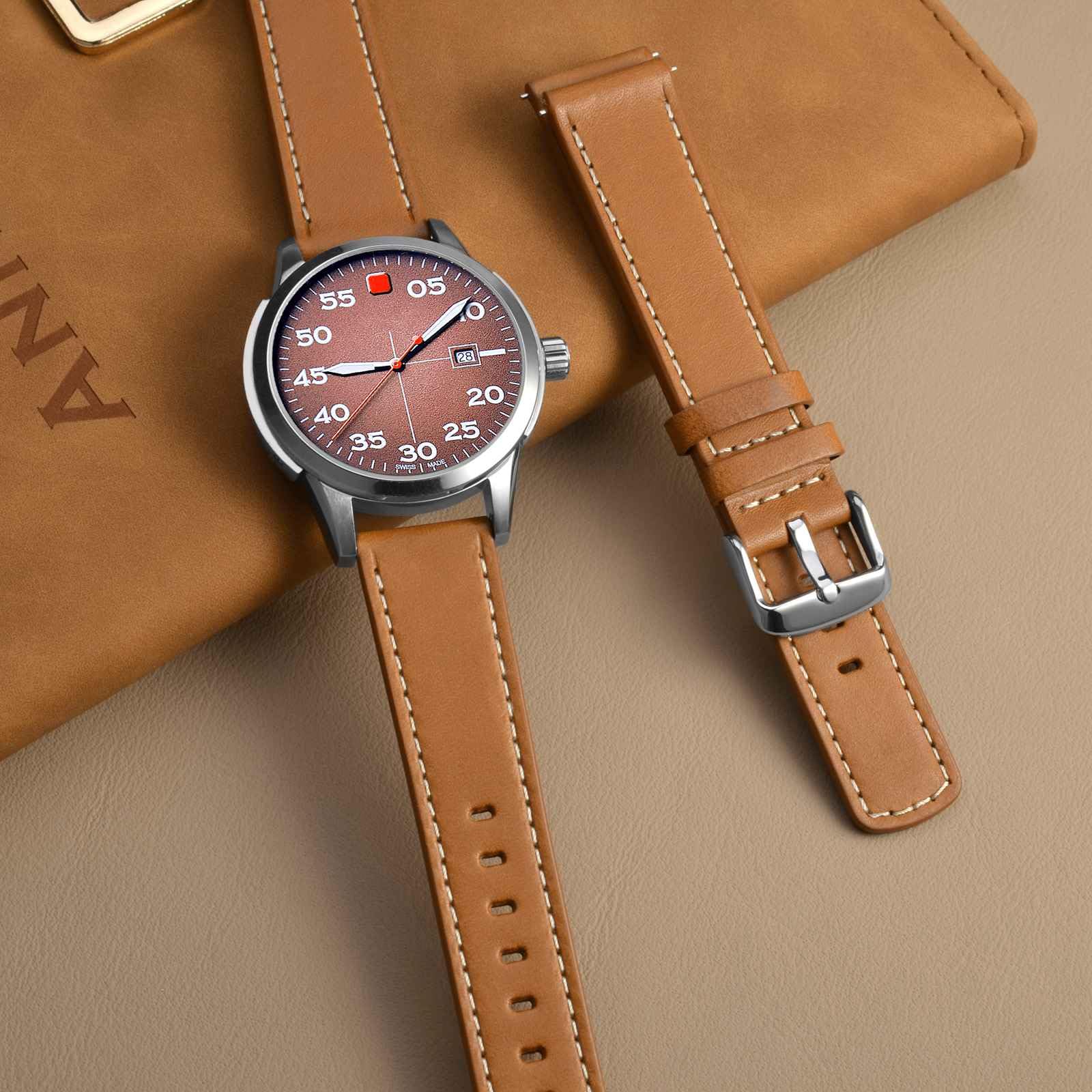 ANNEFIT 21mm Genuine Leather Watch Band with Gold Buckle - Quick Release Replacement Strap (Gold Brown) for Men & Women - Perfect for Dress Watches, Business Attire & Everyday Wear