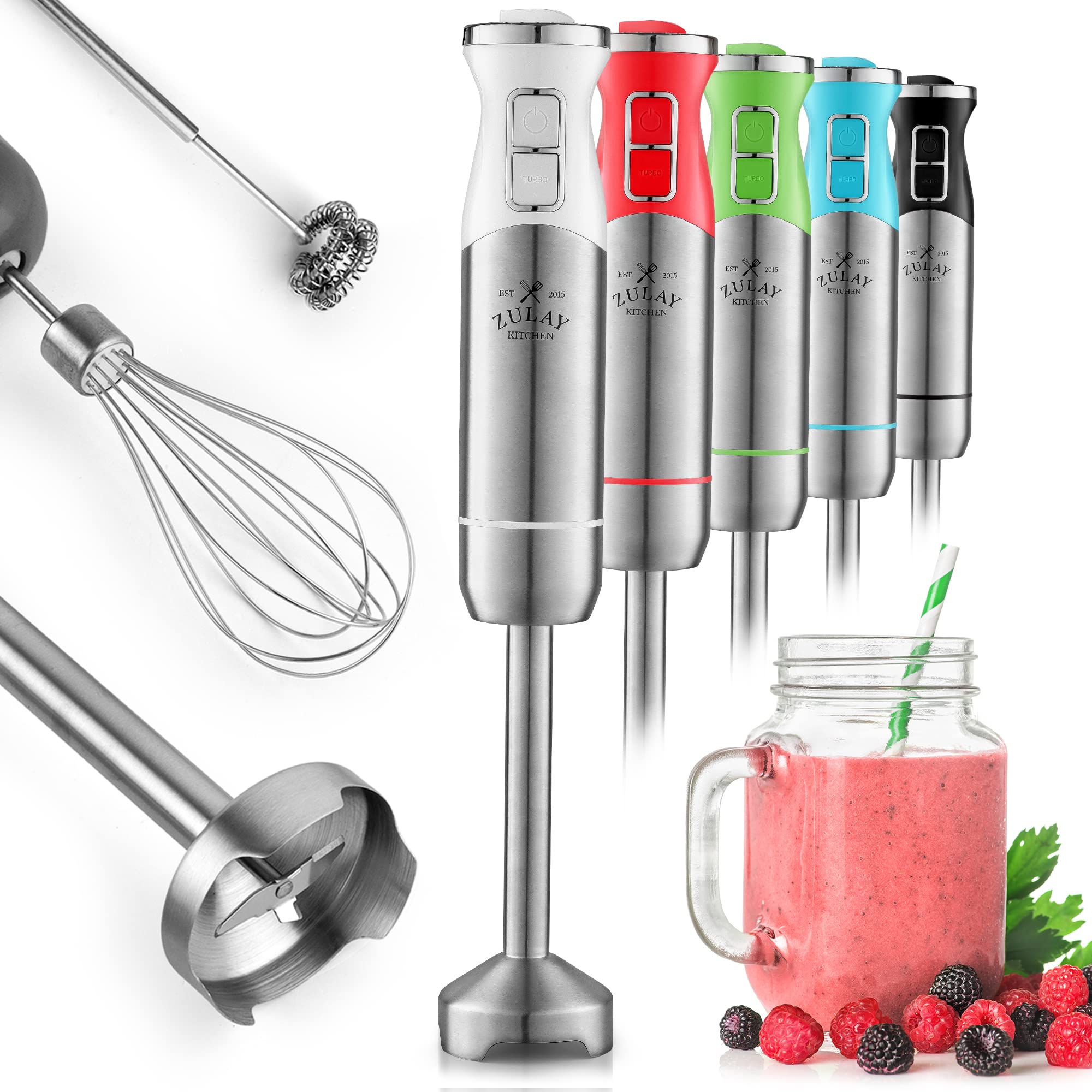 Zulay Kitchen 500W 8-Speed Immersion Blender with Stainless Steel Whisk & Milk Frother - Powerful Handheld Stick Blender for Smoothies, Soups, Sauces - Heavy Duty Copper Motor (White) - Perfect for Home Cooking, Baking & Professional Kitchens