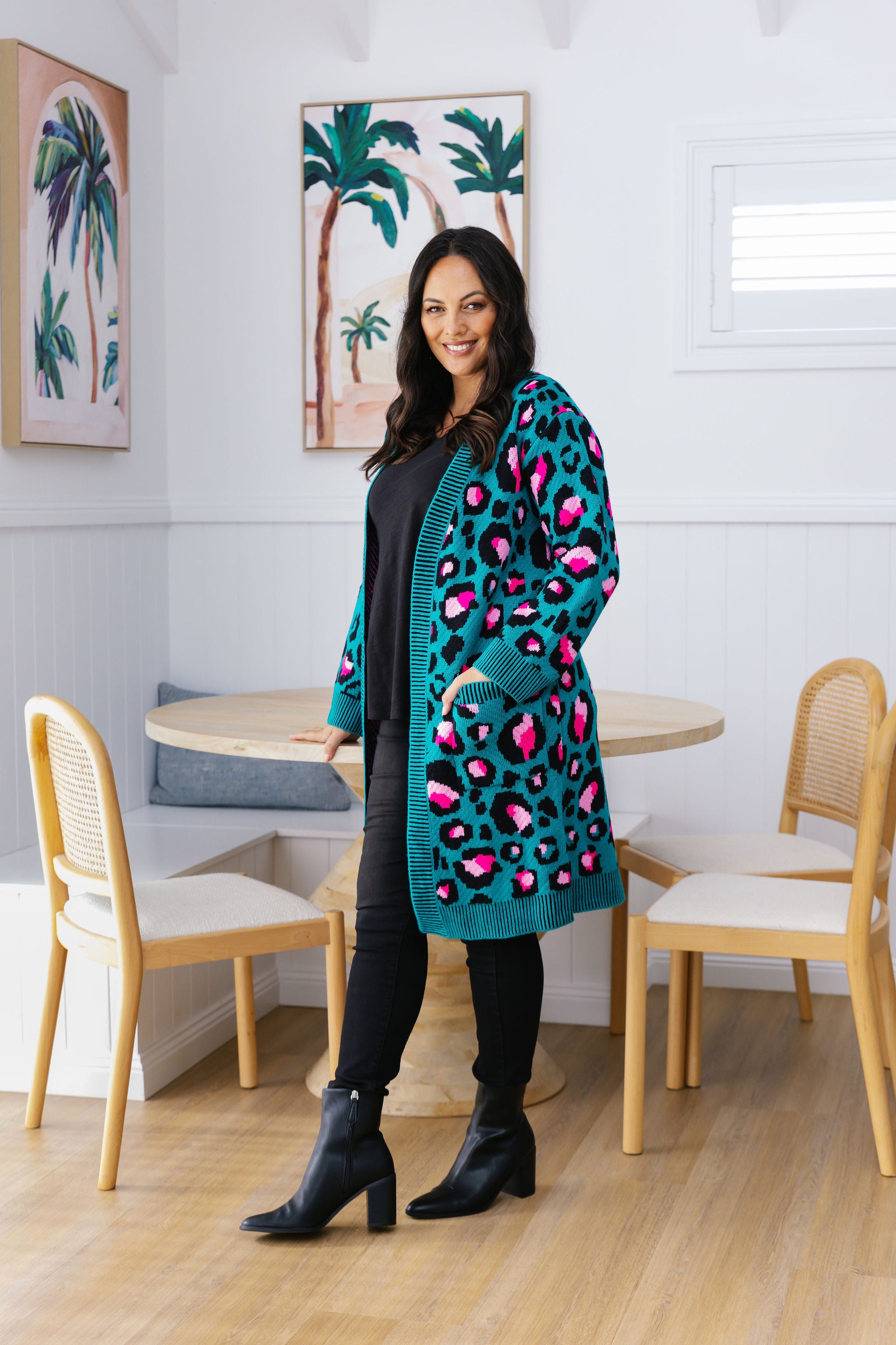 Kasey Rainbow Darcy Cardi - Stylish Green Leopard Print Women's Cardigan for Casual Wear & Office Outfits
