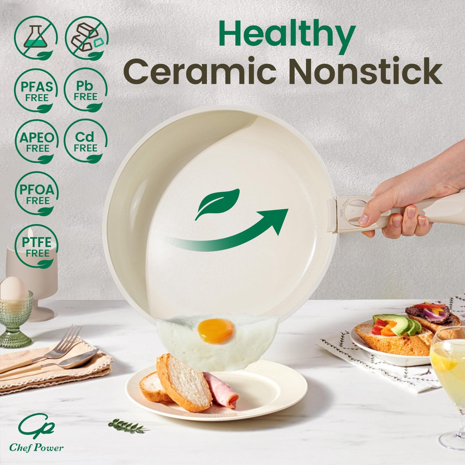 Premium 19-Piece Ceramic Non-Toxic Cookware Set - PFAS/PFOA/PTFE Free, Detachable Handles, Induction & Oven Safe (Cream White) | Healthy Nonstick Kitchen Pots & Pans for Everyday Cooking, Baking & Family Meals | Dishwasher Safe for Easy Cleaning