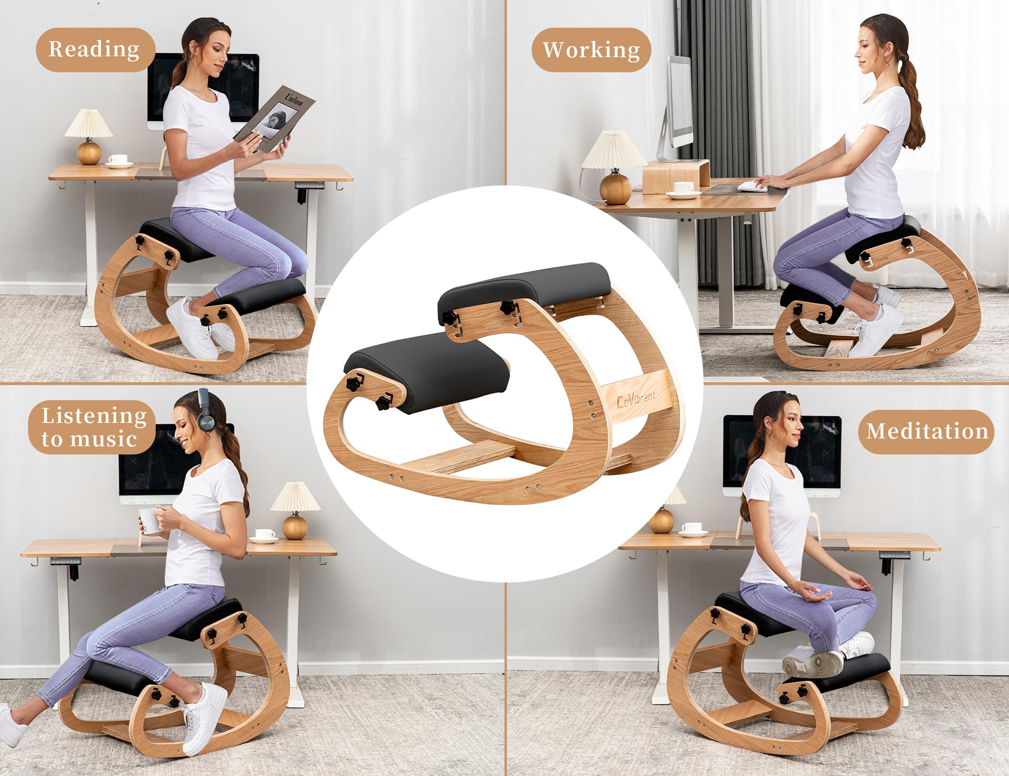 Ergonomic Adjustable Kneeling Chair - Leather Office Posture Support for Back Pain Relief - Perfect for Teens & Adults - Home & Office Use (Black)