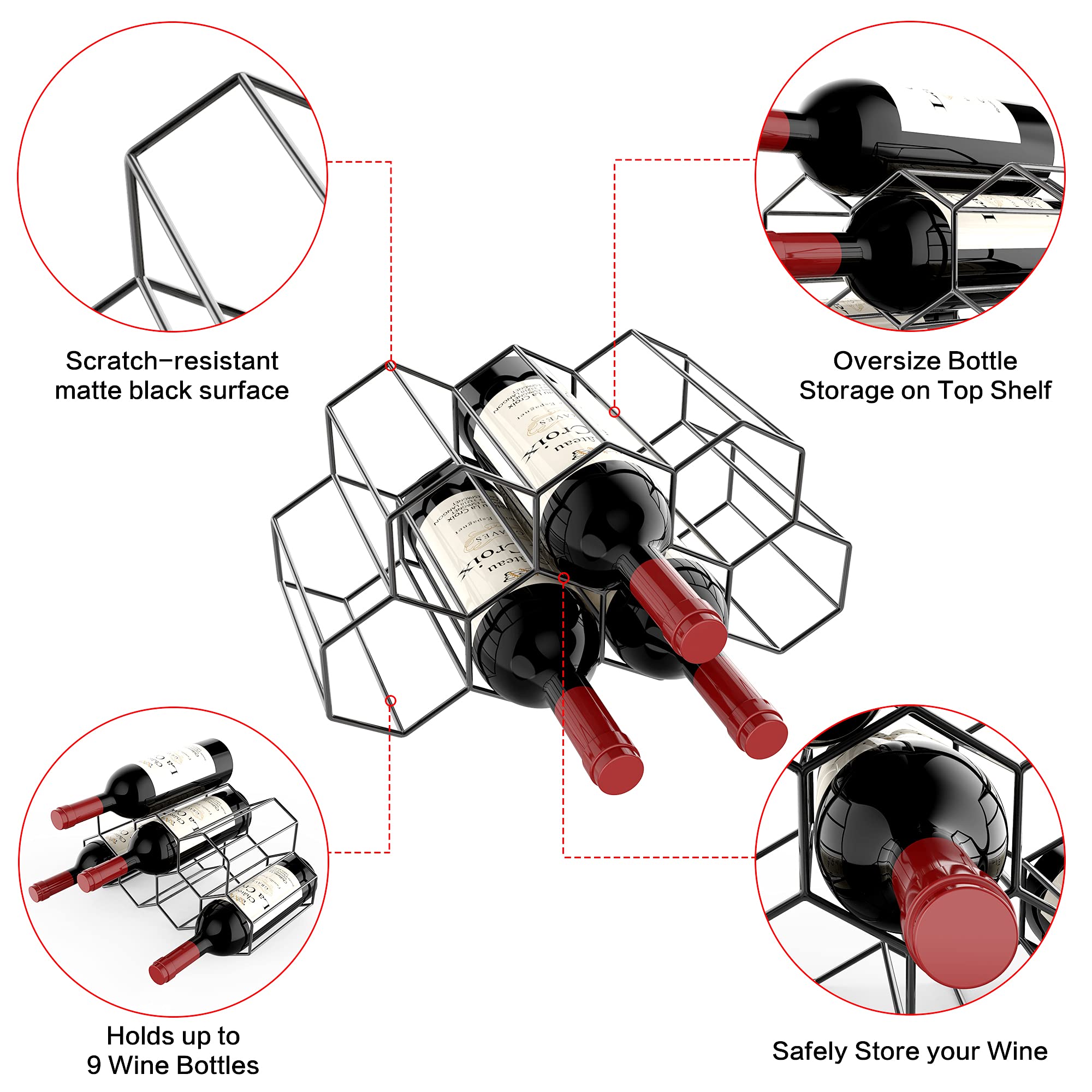 Small Black Metal Honeycomb Wine Rack - Countertop Freestanding 9-Bottle Organizer for Kitchen, Bar & Home Decor | Perfect for Wine Storage, Water Bottles & Tabletop Organization