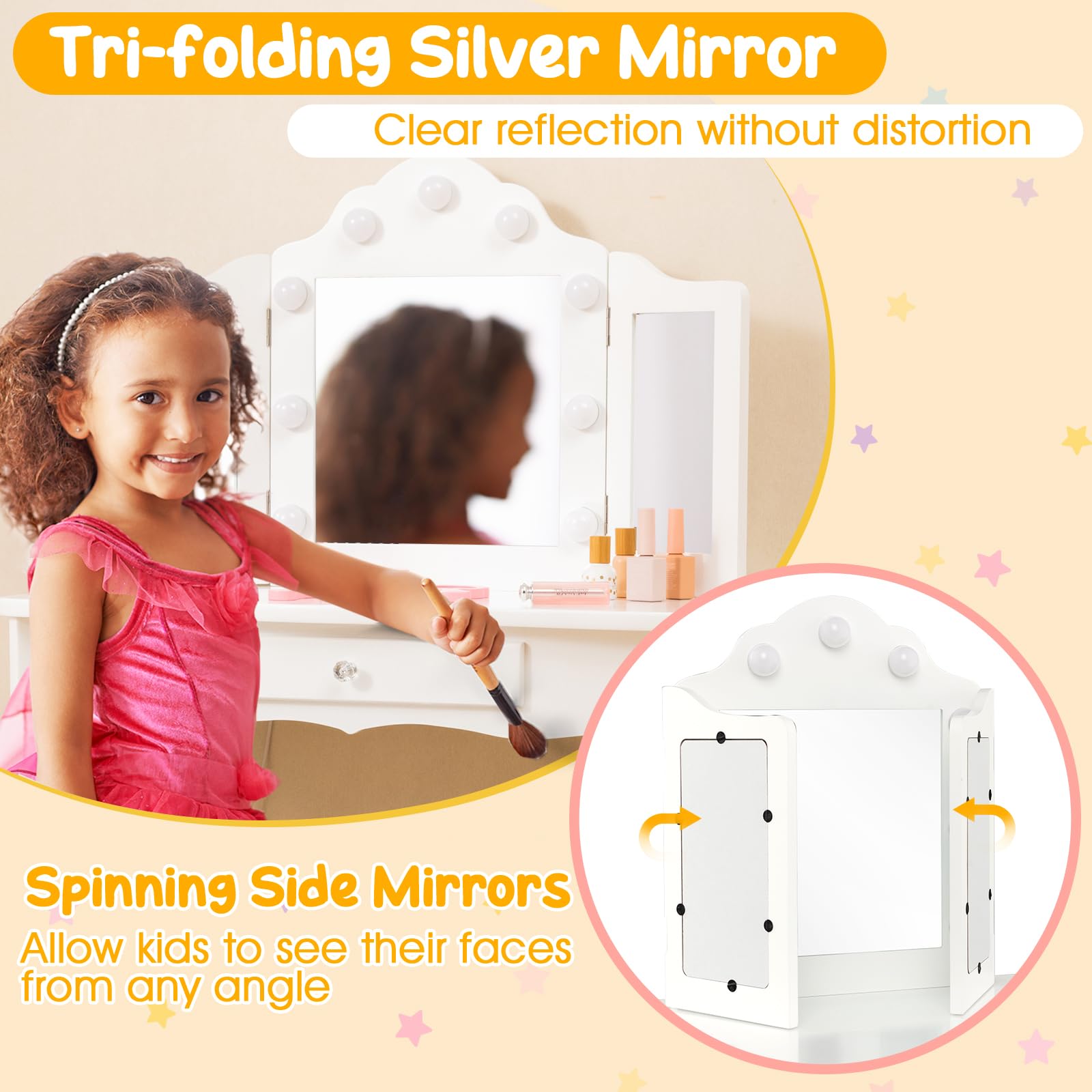 Costzon Kids Vanity Set with Mirror, Stool & LED Lights - 2-in-1 Wooden Princess Makeup Dressing Table with Drawers - White Toddler Vanity Desk for Girls Pretend Play (Perfect for Bedroom Playroom & Birthday Gifts)