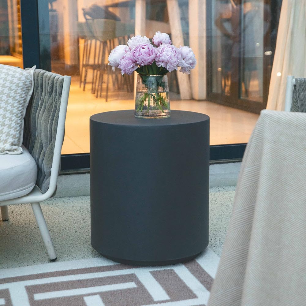 Elementi Rome Outdoor Side Table - 17.7 Inch Round Concrete Accent Table for Patio, Garden, Living Room & Bedroom | Weather-Resistant Slate Black End Table, Coffee Table or Nightstand