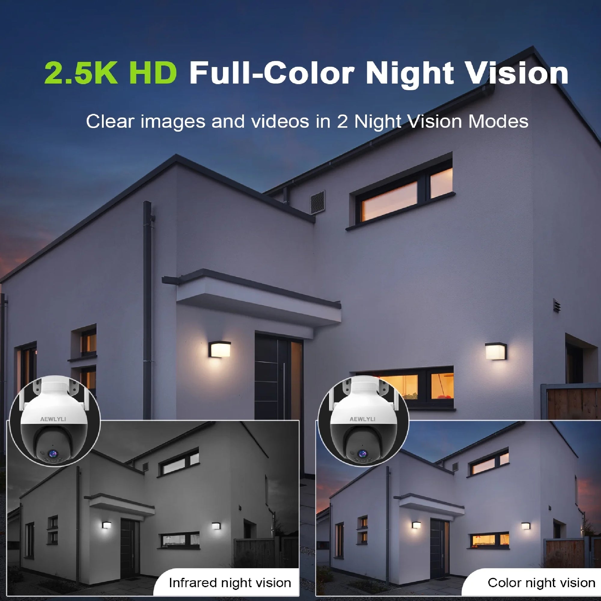 AEWLYLI Q16 20E Outdoor Security Camera with Spotlight - 2.5K HD, Waterproof, WiFi 2.4GHz, Night Vision & Motion Detection - White - Perfect for Home Surveillance, Backyard Monitoring & Property Protection