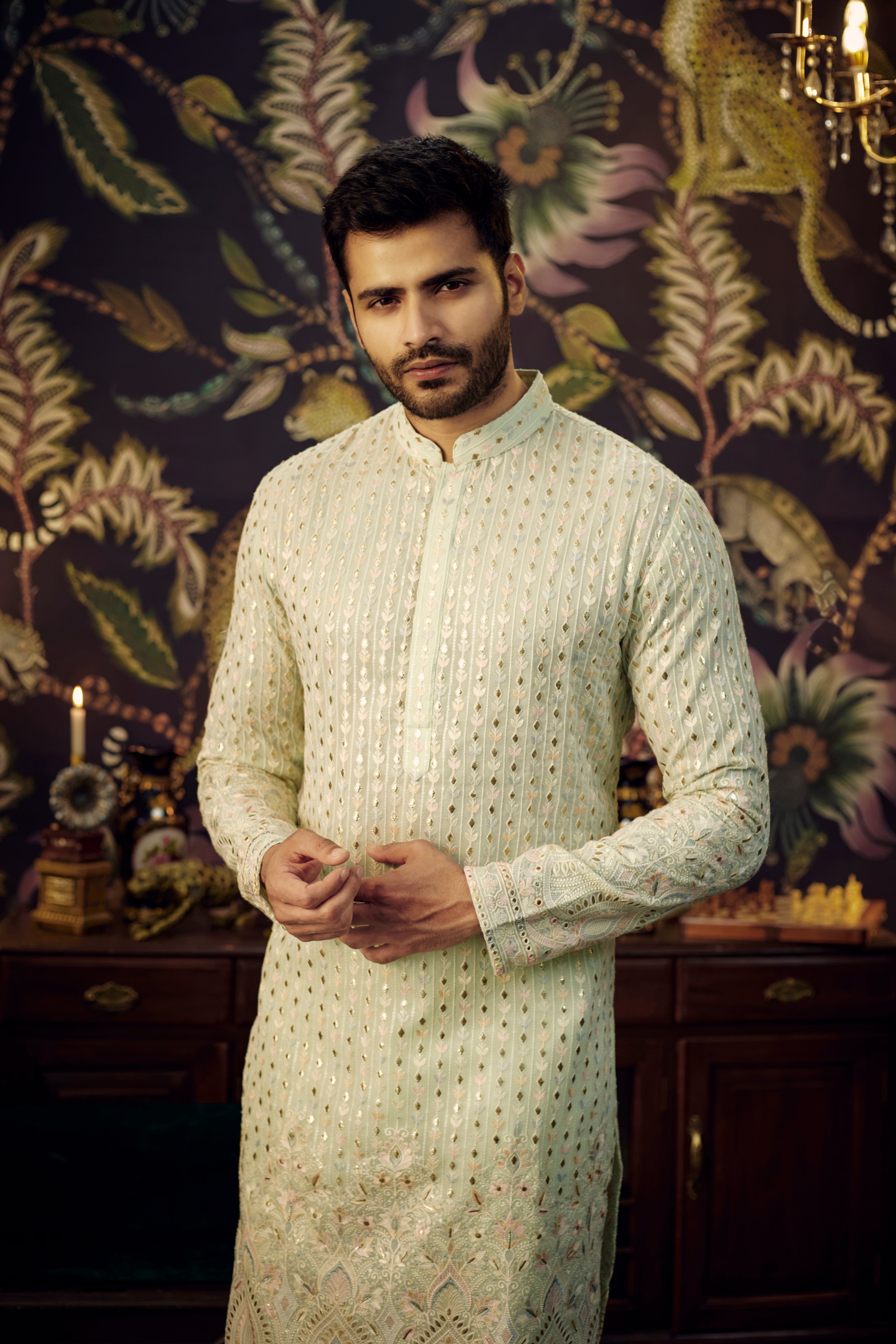 Elegant Ice Blue Chikankari Kurta with Intricate Multi-Thread Embroidery & Detailed Ghera - Perfect for Festivals, Weddings & Ethnic Occasions