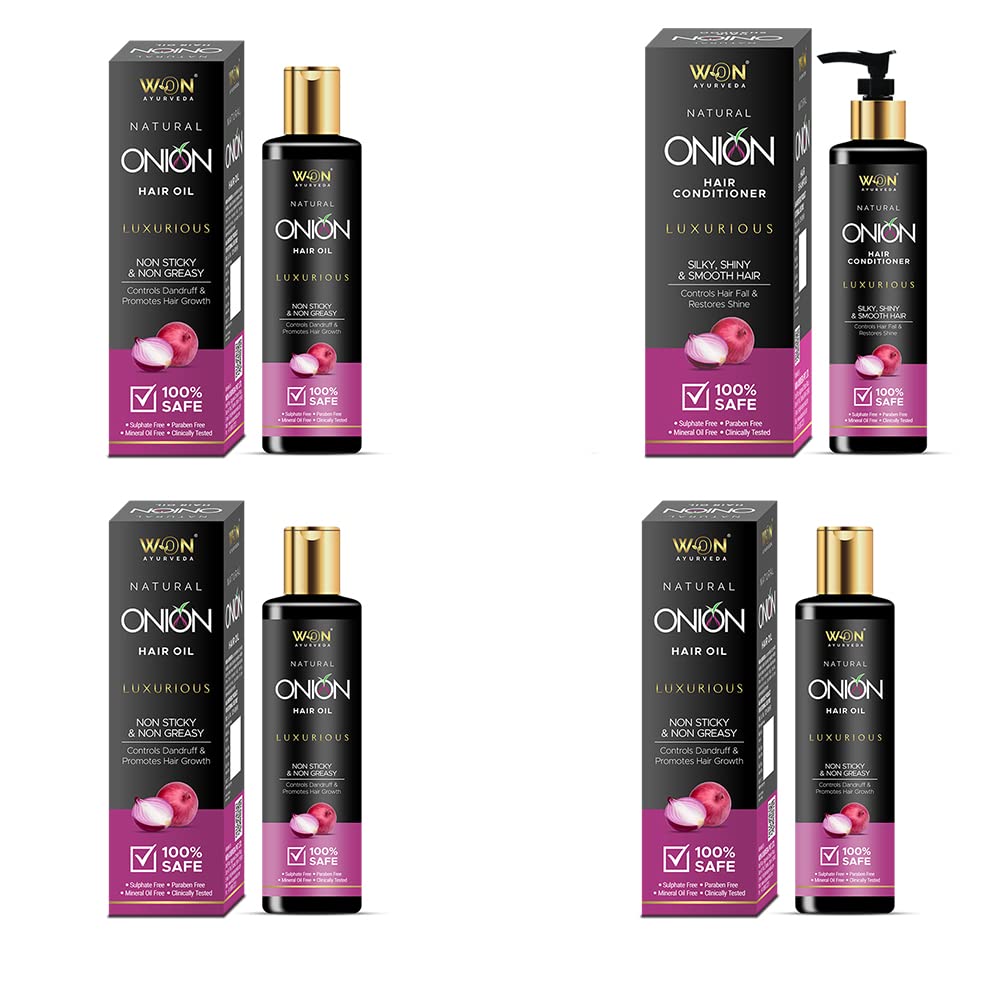 WON AYURVEDA Hair Oil & Conditioner Set - 4 Pack for Dry, Damaged Hair - Natural Ayurvedic Treatment for Hair Growth & Repair - Perfect for Daily Use & Scalp Massage