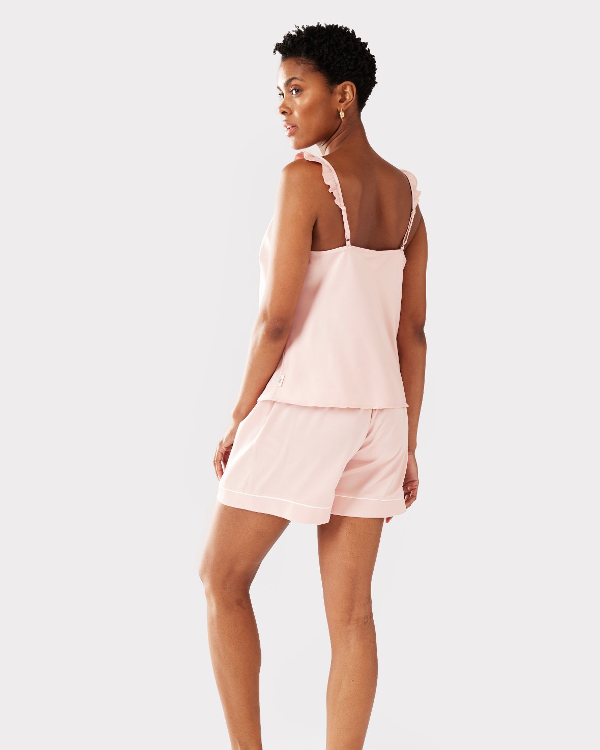 Luxury Satin Frill Trim Cami Short Pajama Set - Blush Pink Sleepwear for Women | Perfect for Lounging, Sleepovers & Bridal Shower Gifts
