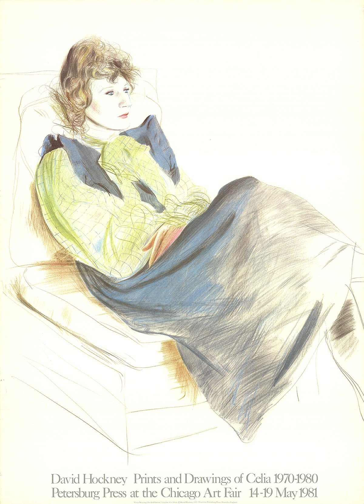 David HOCKNEY Portrait of Celia Wearing Checkered Sleeves 36x26 Inch Lithograph 1981 - Pop Art Wall Decor for Living Room, Office & Gallery - Vibrant Multicolor Woman Portrait Artwork