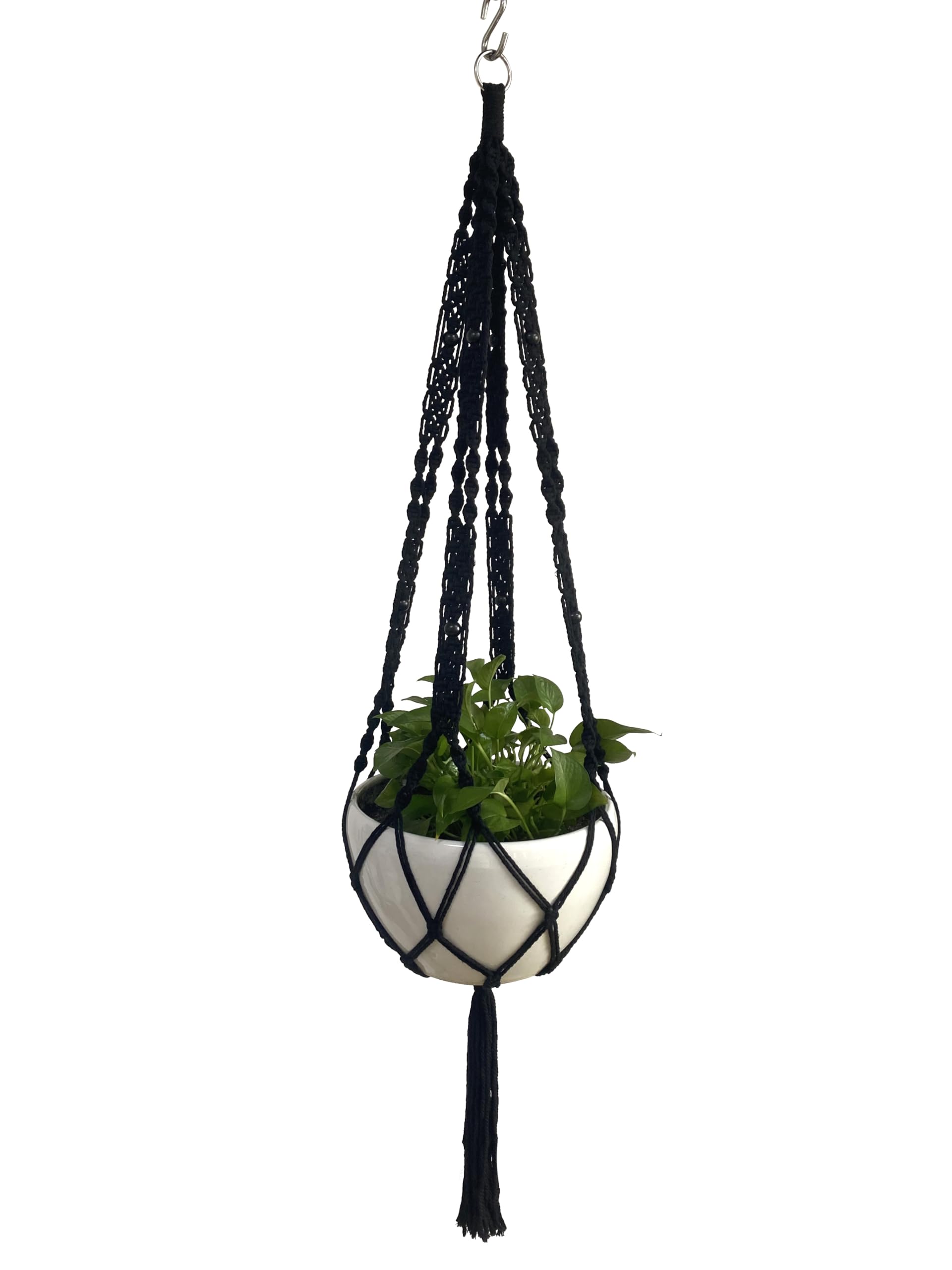 Black Cotton Rope Macrame Plant Hangers - 4 Legs 59 Inch Hanging Planter for 12-13 Inch Pots (Pot & Plant Not Included) - Boho Home Decor for Living Room, Bedroom, or Patio