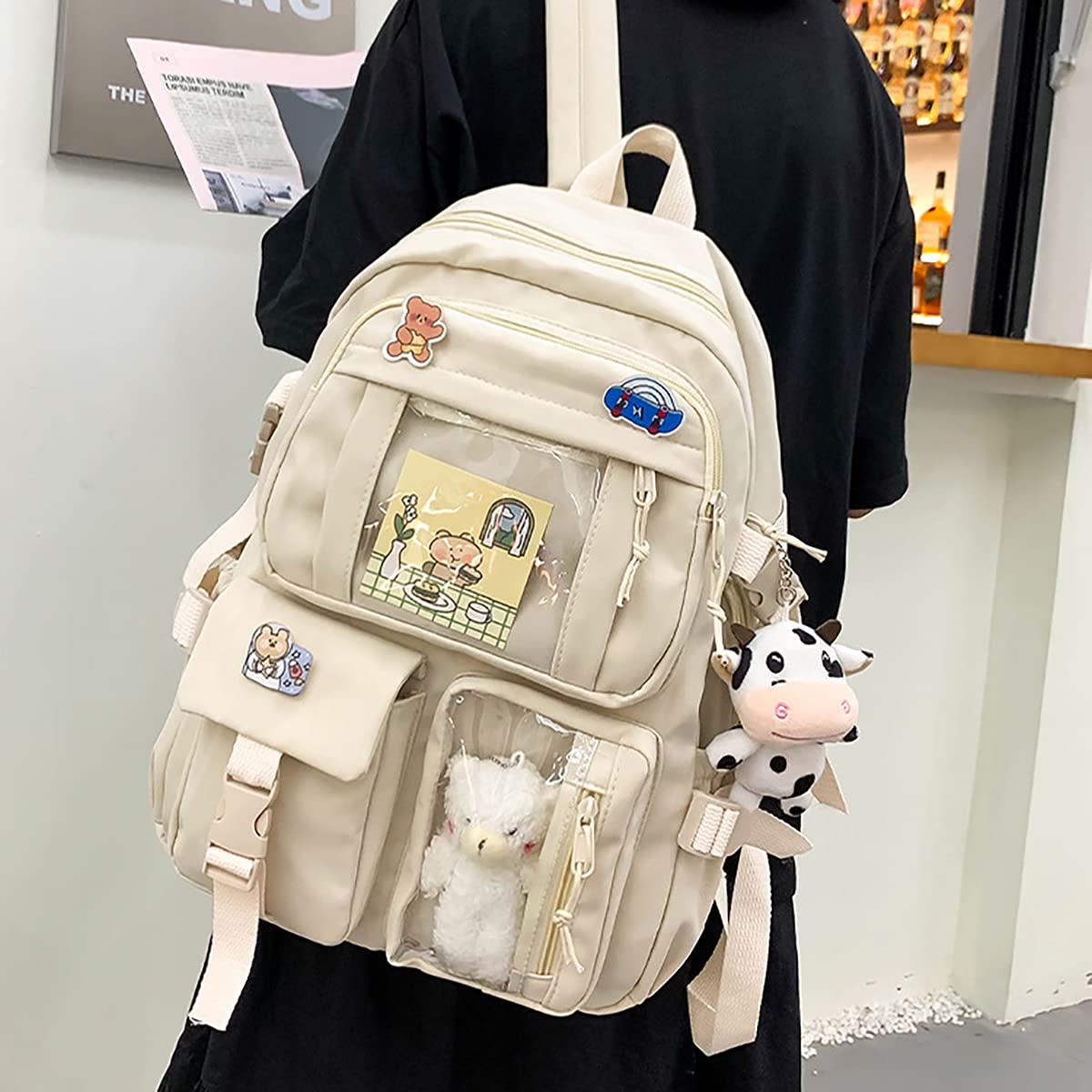 Cute Kawaii Aesthetic Backpack with Badge Pins & Keychain Pendant - Lightweight Travel Backpack for School, College, Work & Daily Use