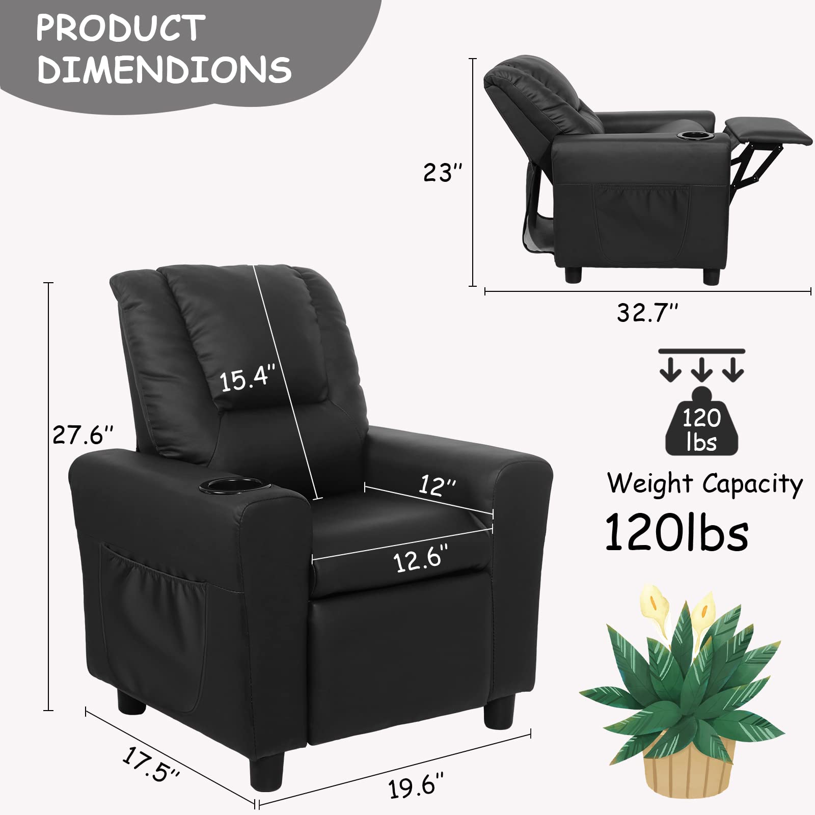 **Kids Recliner Chair for Toddlers 1-4 Years - Soft Toddler Sofa with Cup Holder & Side Pockets - Comfortable Children's Reclining Couch for Bedroom & Living Room - Perfect for Playtime, Naps & Movie Nights (Black)**
