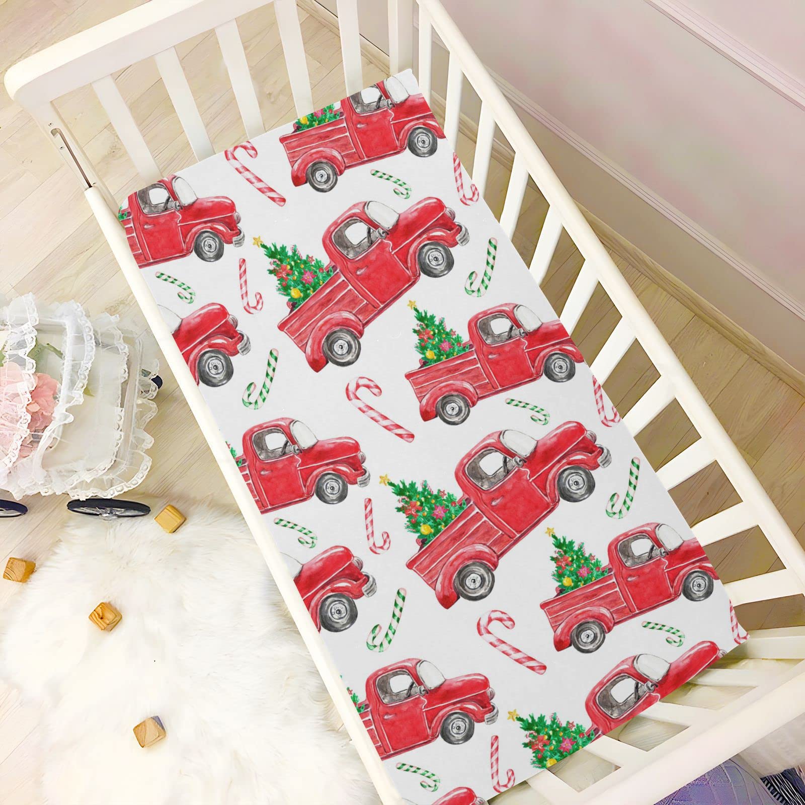 Christmas Red Truck Crib Sheets for Boys & Girls - Super Soft Pack and Play Sheets, Mini Crib Sheets & Fitted Crib Sheet (39x27IN) for Standard Crib & Toddler Mattresses - Perfect for Nursery, Baby Shower Gifts & Holiday Decor