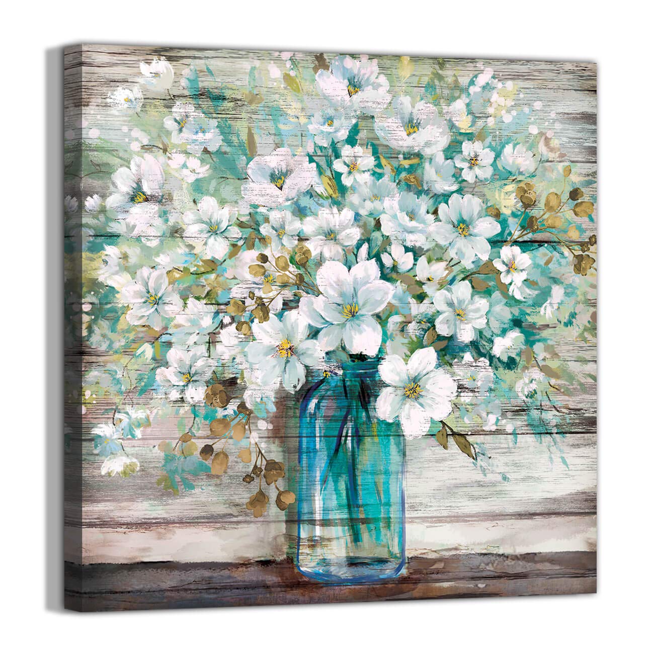 3LDECOR Country Style Canvas Wall Art - Teal Blue Mason Jar with White Flowers, Rustic Farmhouse Decor for Living Room, Bedroom, Bathroom, Dining Room, Office, Kitchen & Fireplace - Perfect for Farmhouse, Cottage & Vintage Home Decor