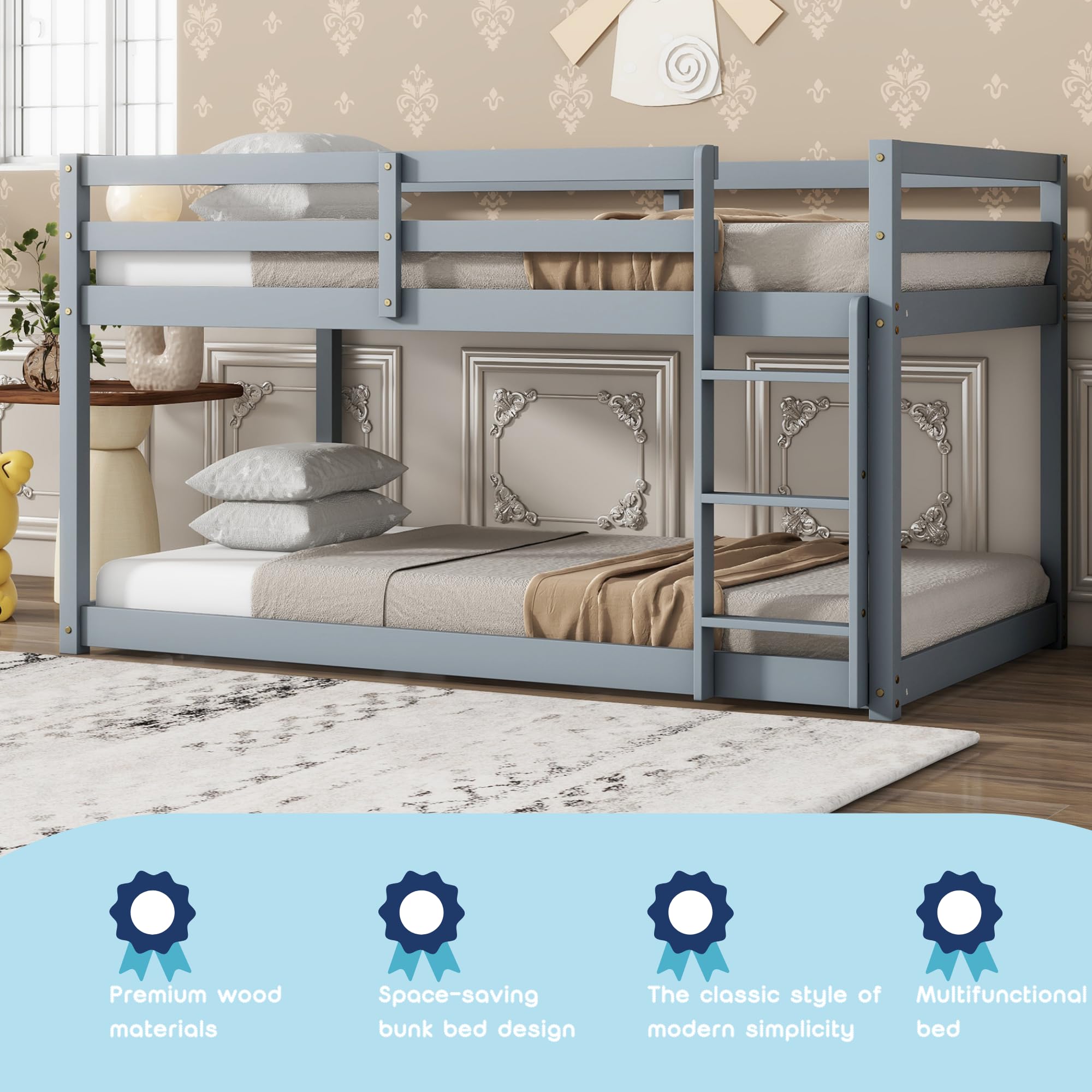 Low Bunk Beds Twin Over Twin - Sturdy Wood Floor Bunk Bed Frame with Safety Rails for Kids, Teens, Boys & Girls - Space-Saving Junior Loft Bed for Small Rooms, Dorms & Shared Kids Bedrooms - Gray