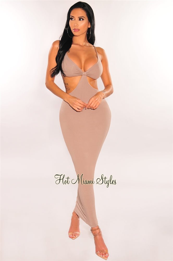 Elegant Taupe Spaghetti Straps Knotted Cut Out Maxi Dress for Women - Boho Chic Summer Beach Party & Wedding Guest Outfit