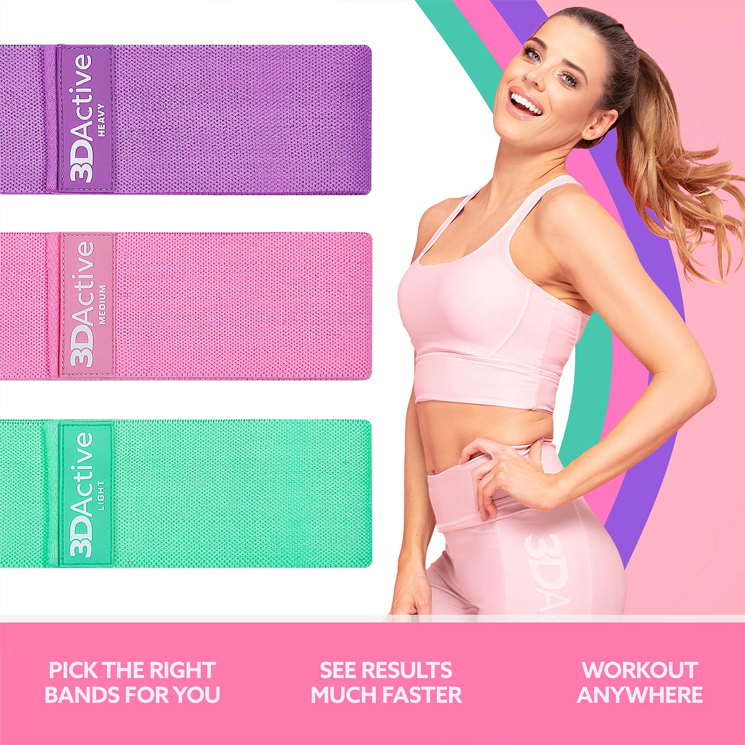 3DActive Fabric Resistance Bands for Legs & Butt Workouts - Non-Slip Hip Band Set for Home & Gym Training - Includes Exercise Guide & Carry Bag - Perfect for Squats, Yoga, Pilates & Strength Training