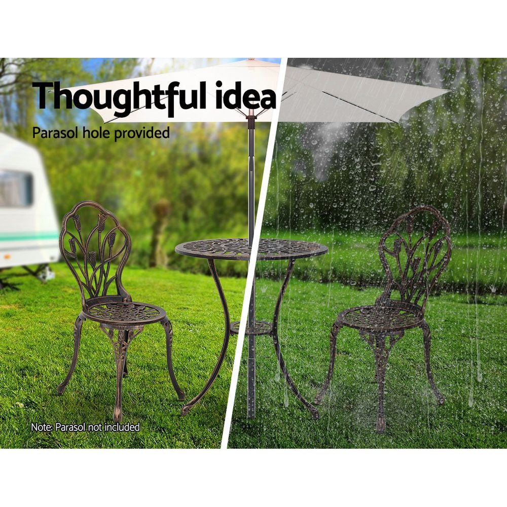 3-Piece Outdoor Bistro Set with Cast Aluminum Chairs & Table - Bronze Tulip Design - Perfect for Patio, Garden, and Balcony Dining