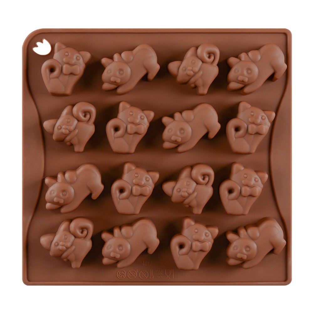 16 Cavity Silicone Baking Molds - Cat Shaped DIY Candy & Chocolate Molds, Ice Cube Trays for Coffee (Coffee Color) - Perfect for Baking, Candy Making, Chocolate Crafting & Iced Coffee Decorations