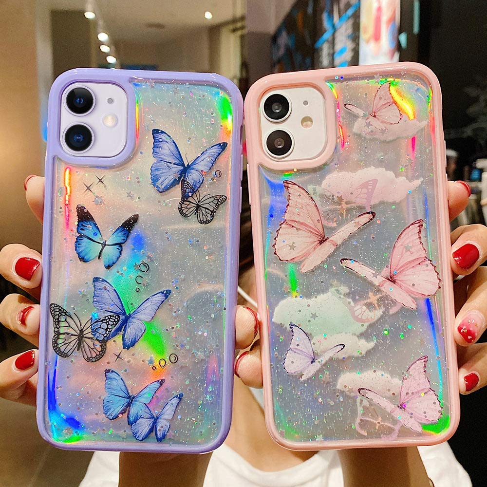 **LCHULLE Cute Iridescent Butterfly Glitter Case for iPhone 12 Pro Max – Soft TPU Bumper with Laser Bling Stars, Drop Protection – Trendy Girly Phone Cover for Women & Girls (Purple) | Perfect for Everyday Use, Parties & Gift Giving**