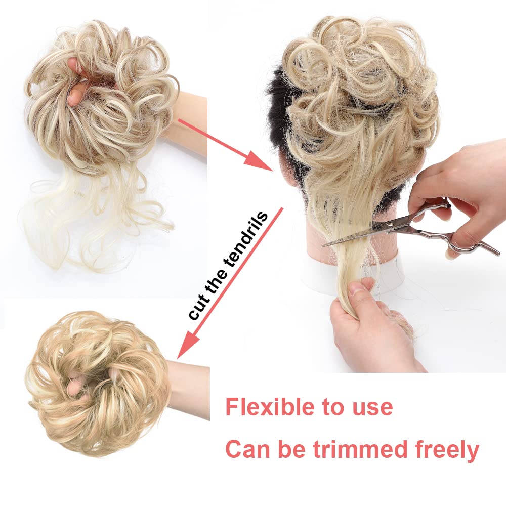 KETHBE Messy Bun Hair Piece - Tousled Updo Hair Extension with Elastic Band, Curly Hair Bun Scrunchie for Women (Highlights Blonde) - Perfect for Work, Parties & Everyday Styling