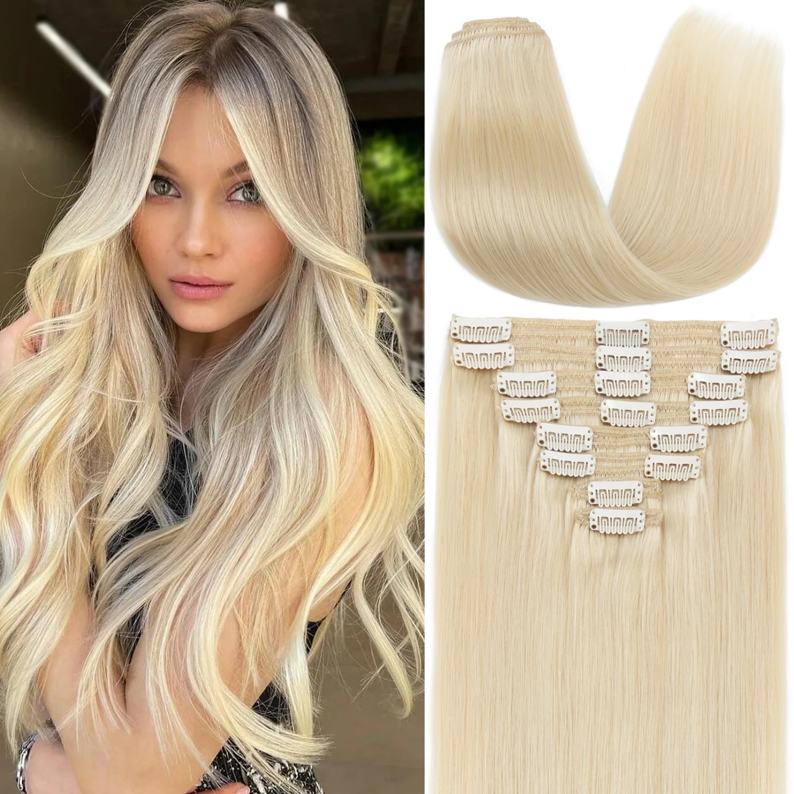 100% Real Human Hair Extensions - S-noilite Clip-in Double Weft Blonde Hair (Platinum #60) - 8 Pieces 18 Clips, 10 Inch 110g, Straight & Silky for Volume & Length - Perfect for Parties, Weddings & Daily Styling