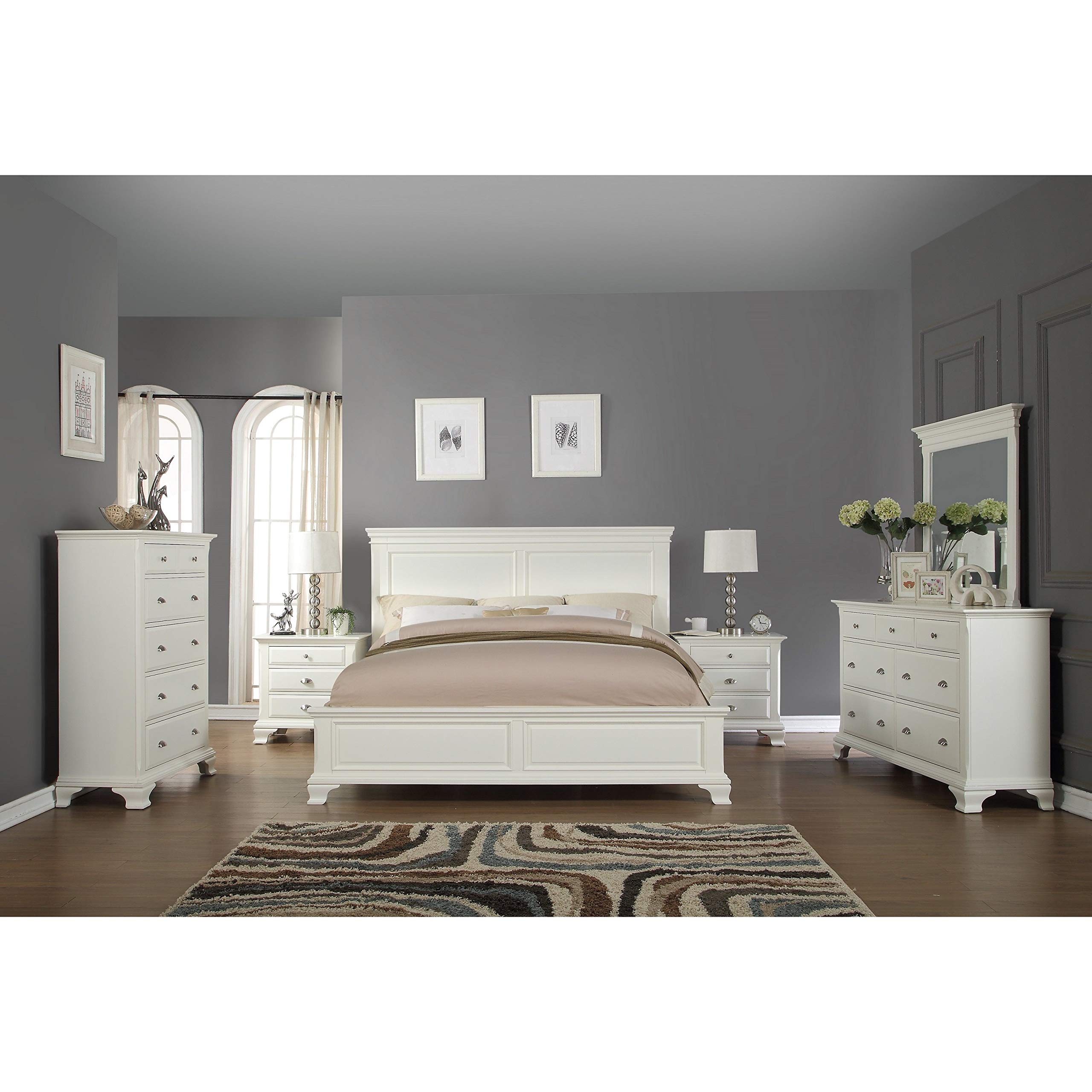 Modern White Wood 6-Piece Bedroom Furniture Set - King Bed, Dresser, Mirror, 2 Nightstands & Chest | Contemporary No-Tools Assembly | Perfect for Master Bedrooms, Guest Rooms & Apartments