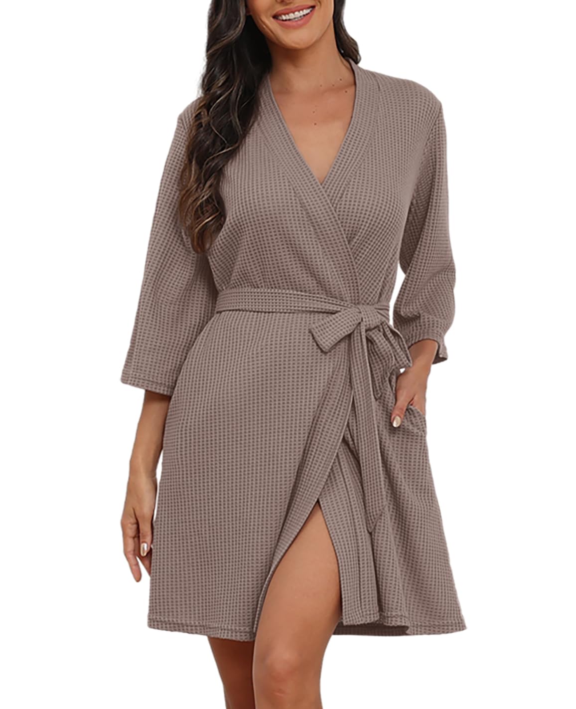 PrinStory Women's Waffle Robe - Soft Lightweight Knee-Length Bathrobe & Loungewear for Spa, Home Relaxation and Hotel Use