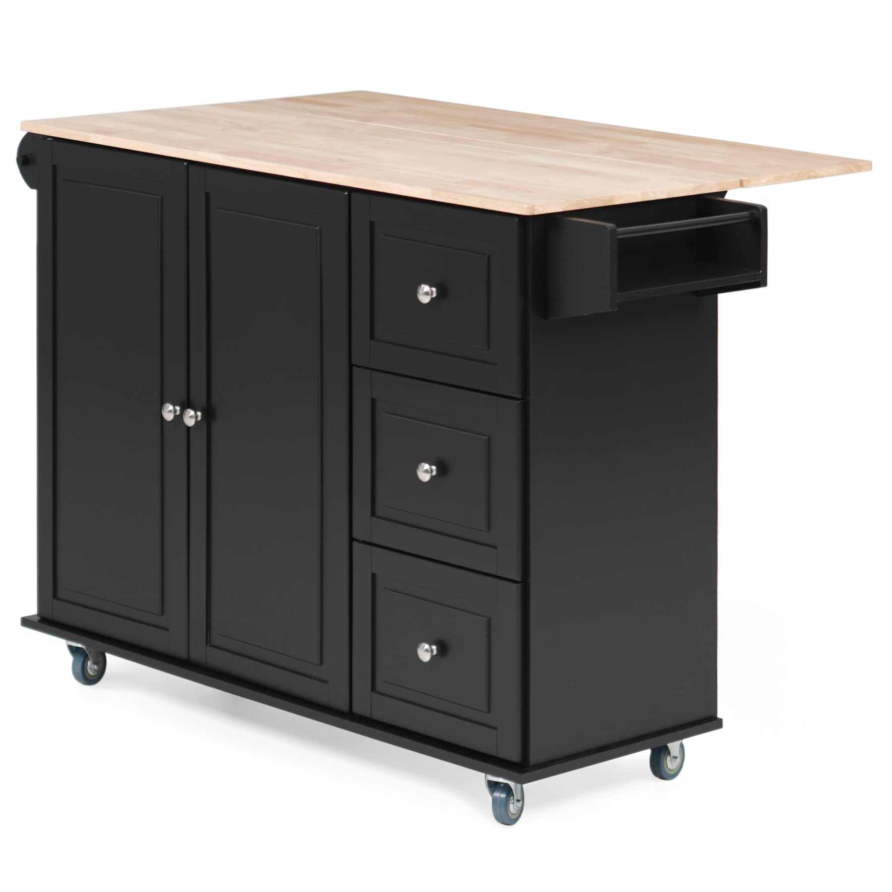 MAISON ARTS Rolling Kitchen Island Cart with Drop Leaf, 3 Drawers, Spice & Towel Rack - Mobile Storage Cabinet with Rubber Wood Countertop for Small Kitchen, Dining Room or Pantry Organization (Black) - Perfect for Extra Prep Space, Entertaining Guests & Compact Kitchen Storage