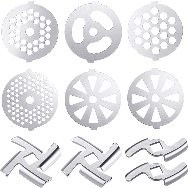 9-Piece Stainless Steel Meat Grinder Blades & Plate Discs Set - Compatible with Size 5 Stand Mixers - Durable Food Grinder Accessories (White) - Perfect for Home Kitchen, Butcher Shop & Commercial Meat Processing