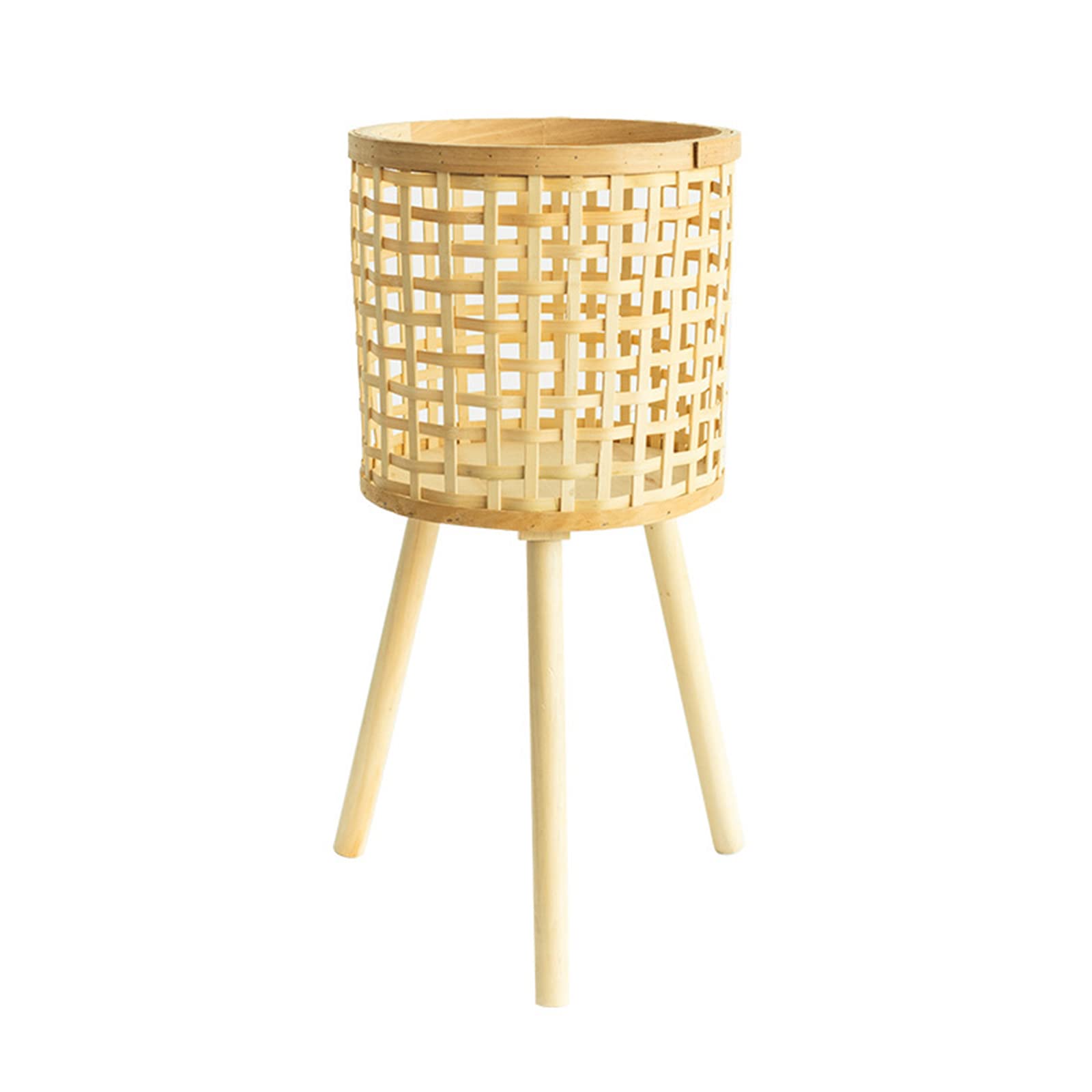 Natural Bamboo Woven Plant Pot Stand with Wooden Legs - Indoor Rattan Basket Flower Pot Holder - Boho Chic Floor Plant Stand for Home Decor, Living Room, Bedroom & Office Display (Khaki, Small)