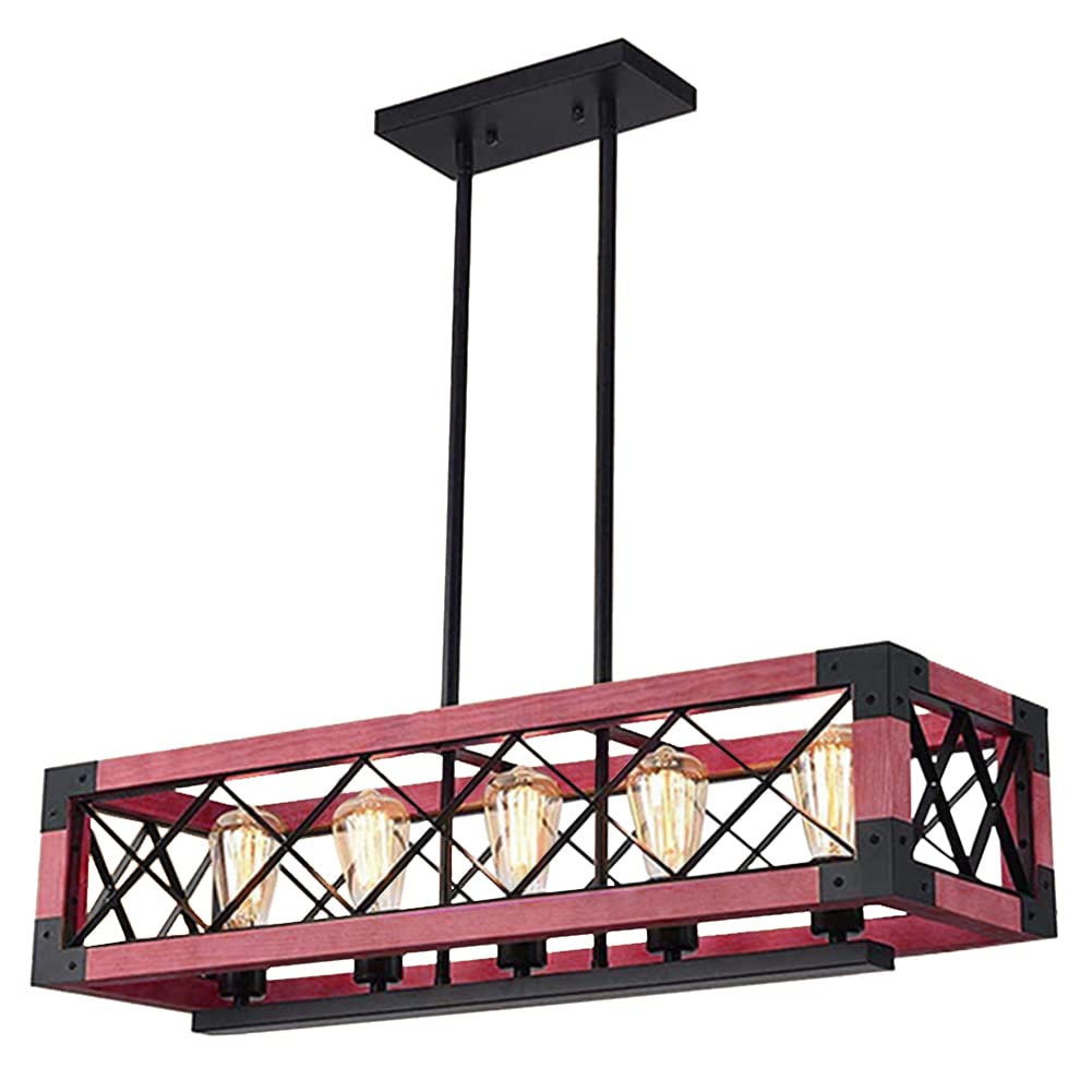 Farmhouse Rectangular Chandelier - Rustic 5-Light Wood & Metal Linear Pendant Light for Kitchen Island, Dining Room, Bar, Restaurant - Perfect for Farmhouse Decor, Pool Table Lighting & Commercial Spaces