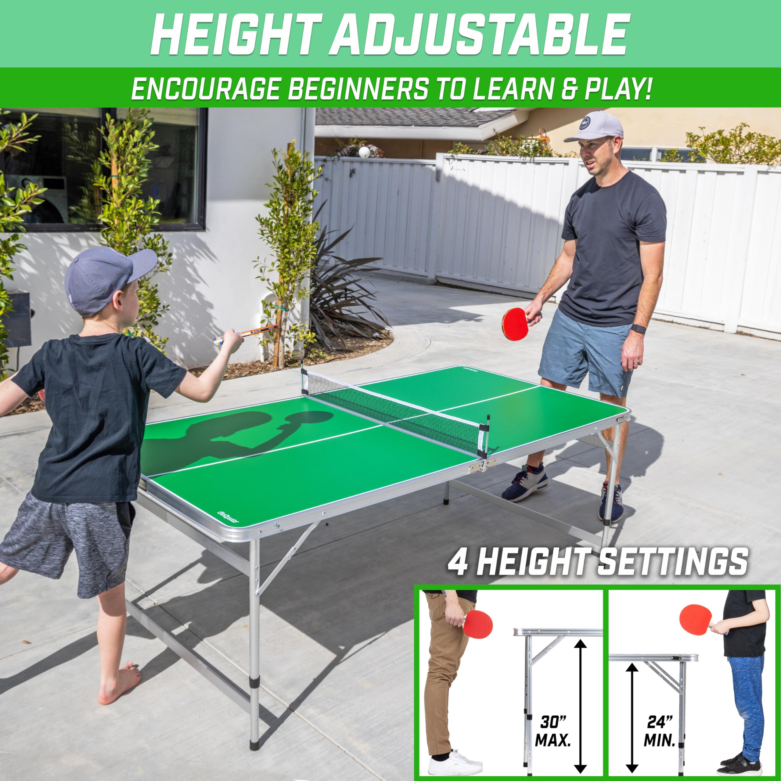 GoSports 6x3 ft Adjustable Height Mid-Size Ping Pong Table Set - Indoor/Outdoor Use for Home, Office, or Game Room (Green or Blue)