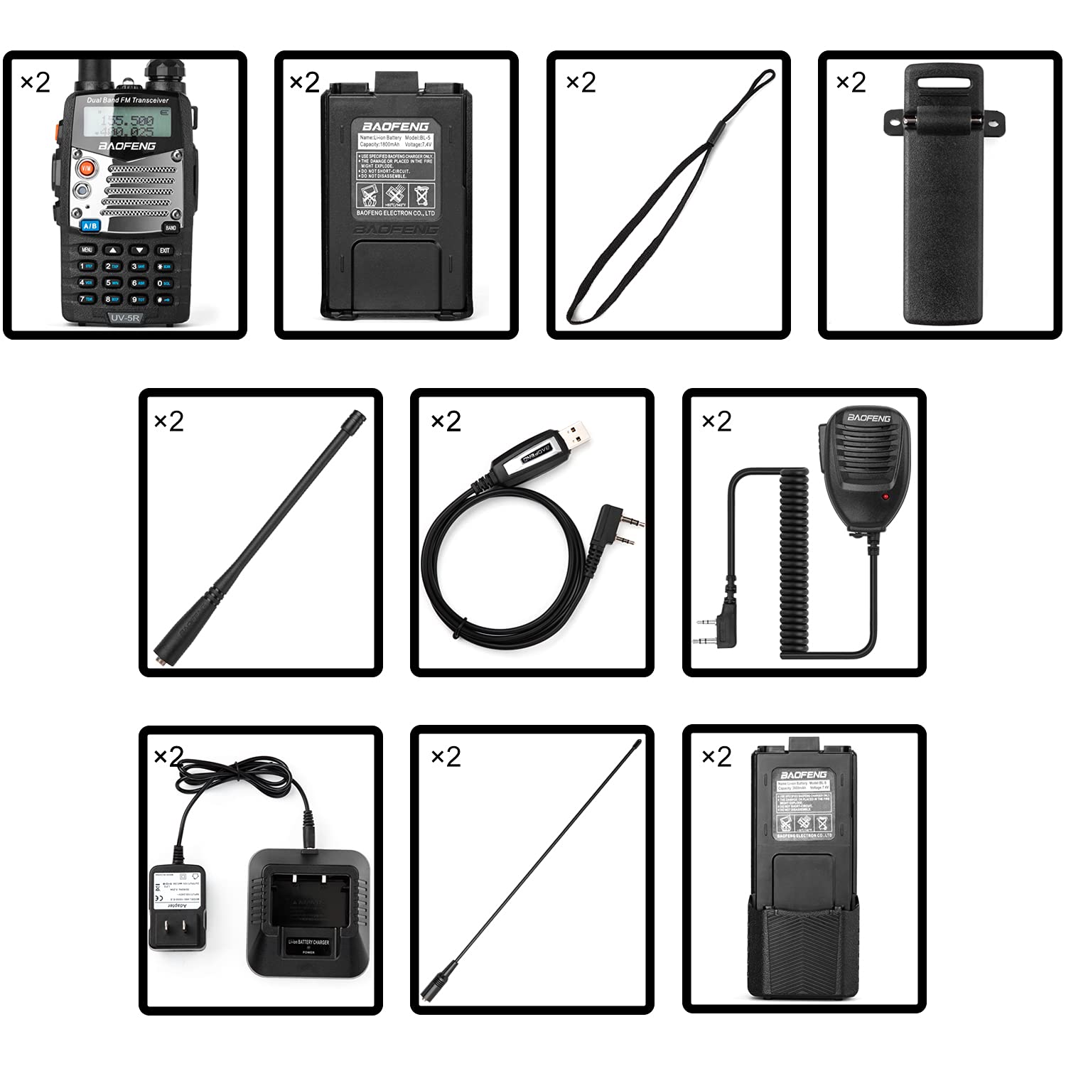 BaoFeng UV-5R Pro Dual-Band Two-Way Radio Walkie Talkie with 2 Rechargeable Batteries, Earpiece & Programming Cable (2 Pack) - Perfect for Outdoor Adventures, Construction Sites & Emergency Communication