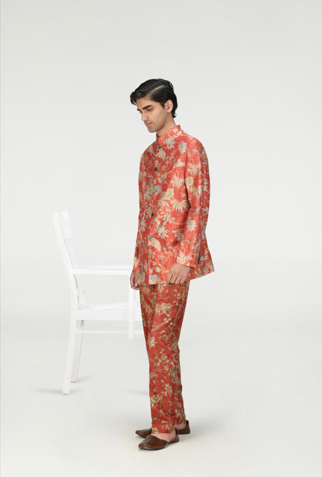 Bandhgala Silk Brocade Jacket - Red Zig Zag Pattern for Men | Indian Wedding Attire & Formal Occasions
