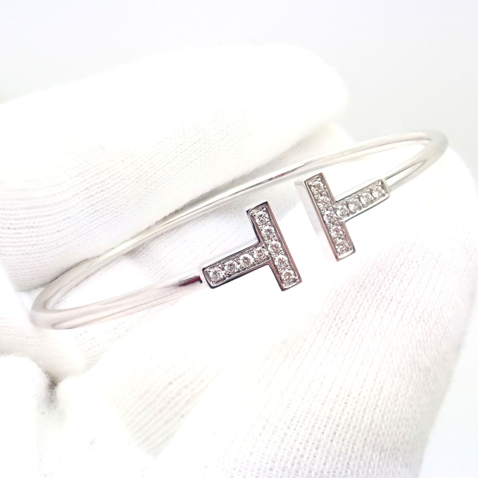 Authentic Tiffany & Co 18k White Gold Diamond T Wire Flex Bracelet for Women - Elegant Jewelry Gift for Anniversary, Birthday & Special Occasions