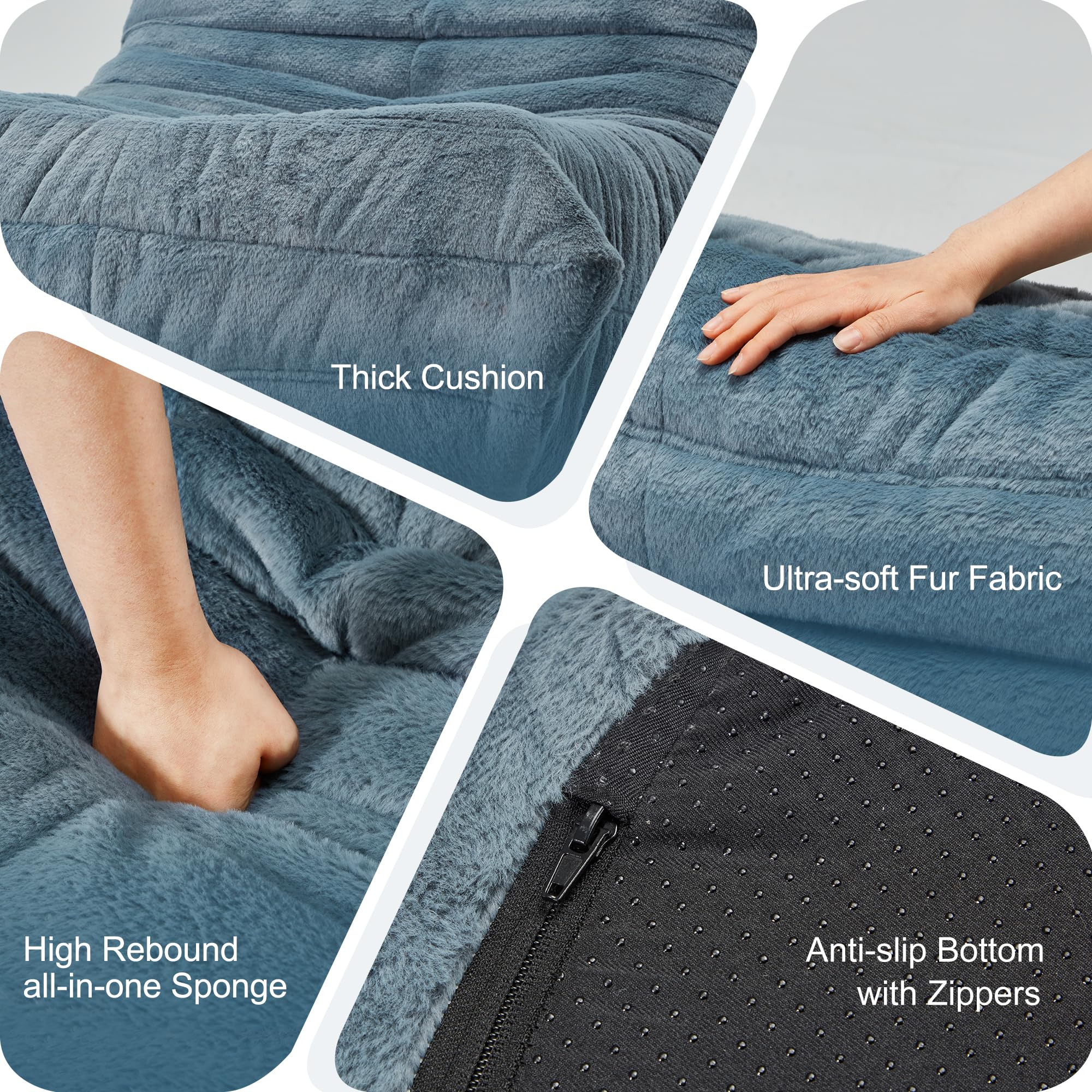 Hobestluk Giant Memory Foam Bean Bag Chair for Adults - Ultra Soft Faux Fur Lazy Sofa in Blue Grey Plush, Perfect for Living Room, Bedroom, Dorm & Office Relaxation