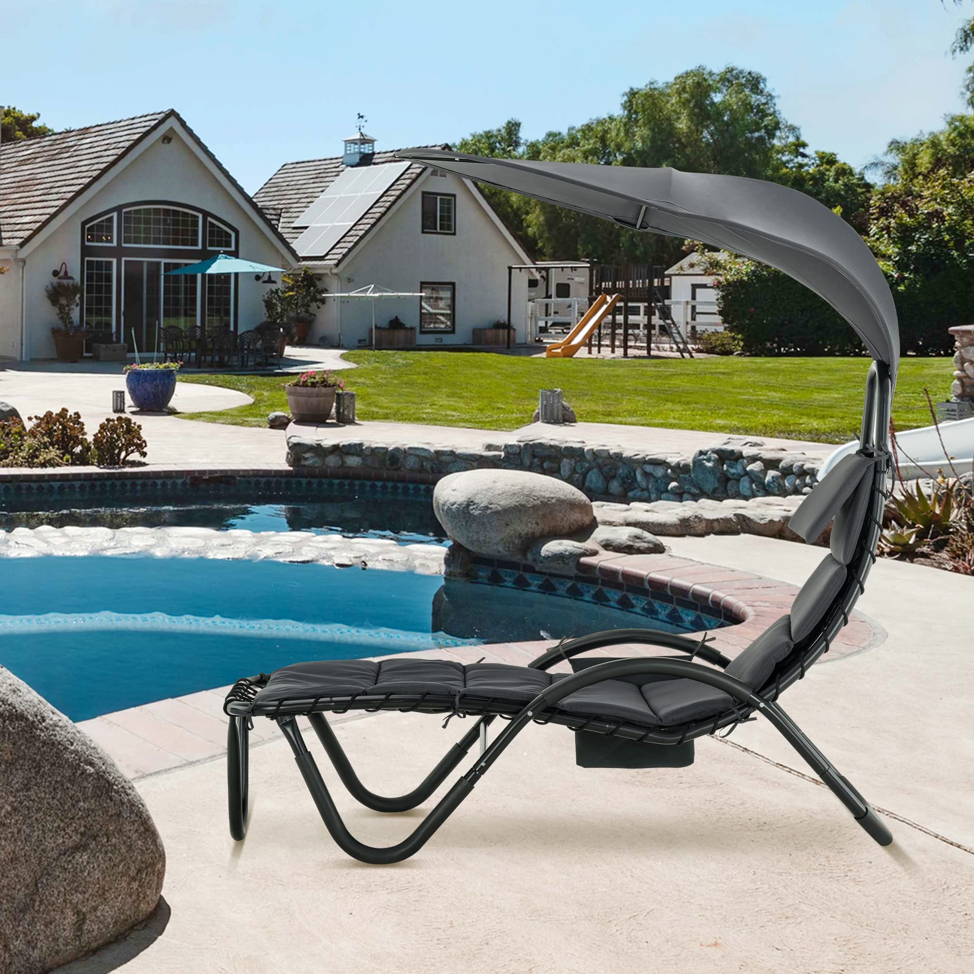 MCombo Outdoor Steel Chaise Lounge Chair with Removable Canopy & Cushions - Adjustable Reclining Patio Chair with Side Pocket & Arc Stand - Perfect for Beach, Poolside, Backyard, Balcony, Porch - Heavy Duty Grey Lounge Chair (Model 4097) for Ultimate Relaxation & Sunbathing