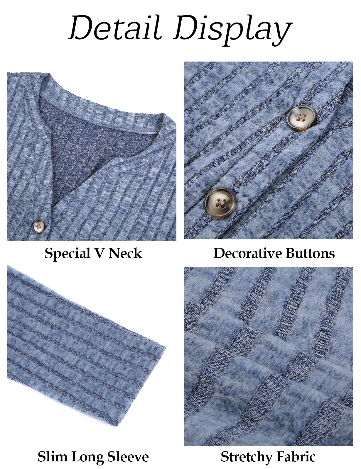 Women's V Neck Knit Tunic Top with Buttons - Casual Long Sleeve Lightweight Jumper for Everyday Wear