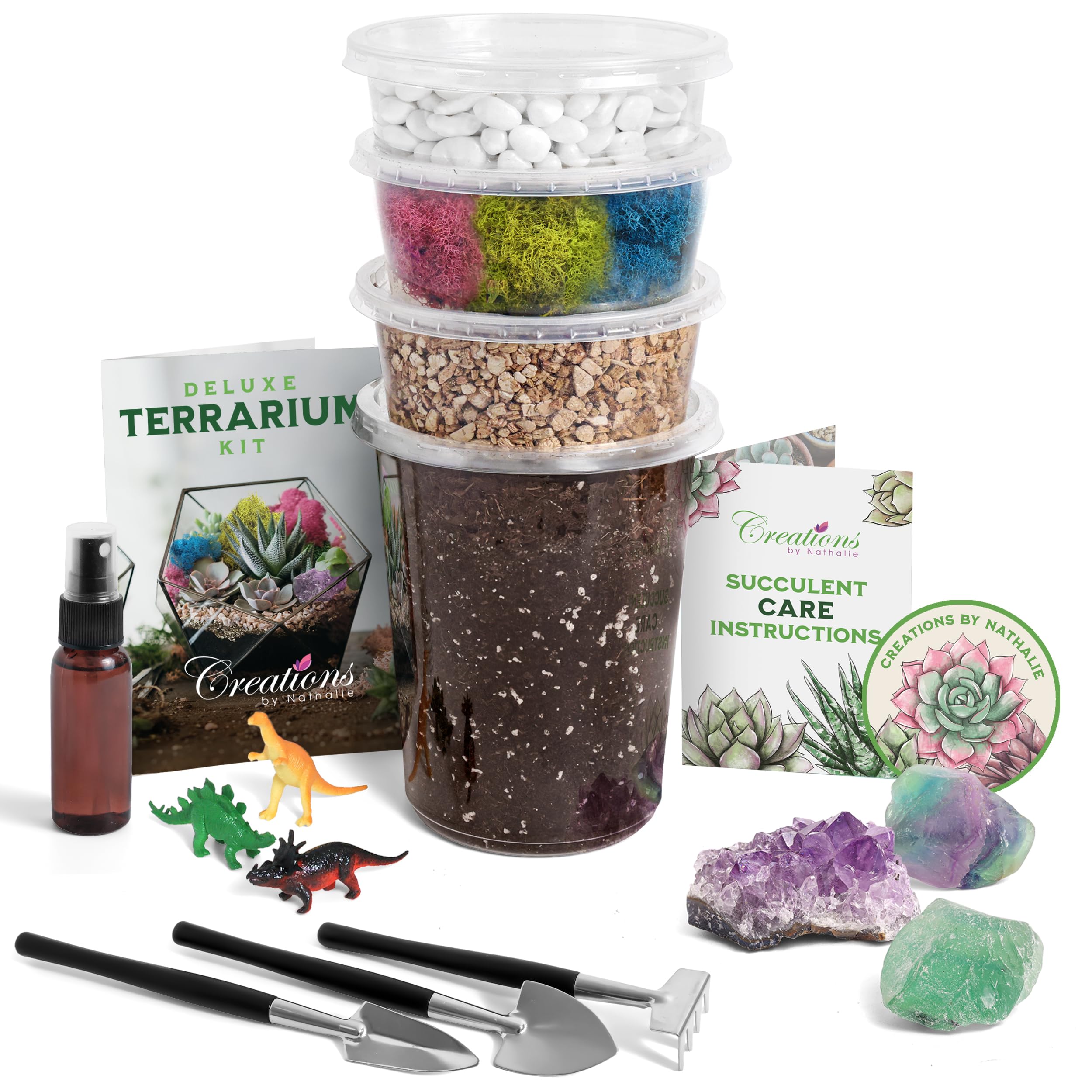 DIY Large Terrarium Starter Kit with Soil, Moss, Pebbles, Healing Crystal, Tools & Supplies – Handcrafted in USA Terrarium Kit for Adults & Kids – Perfect for Home Decor, Gifts, and Indoor Gardening Projects