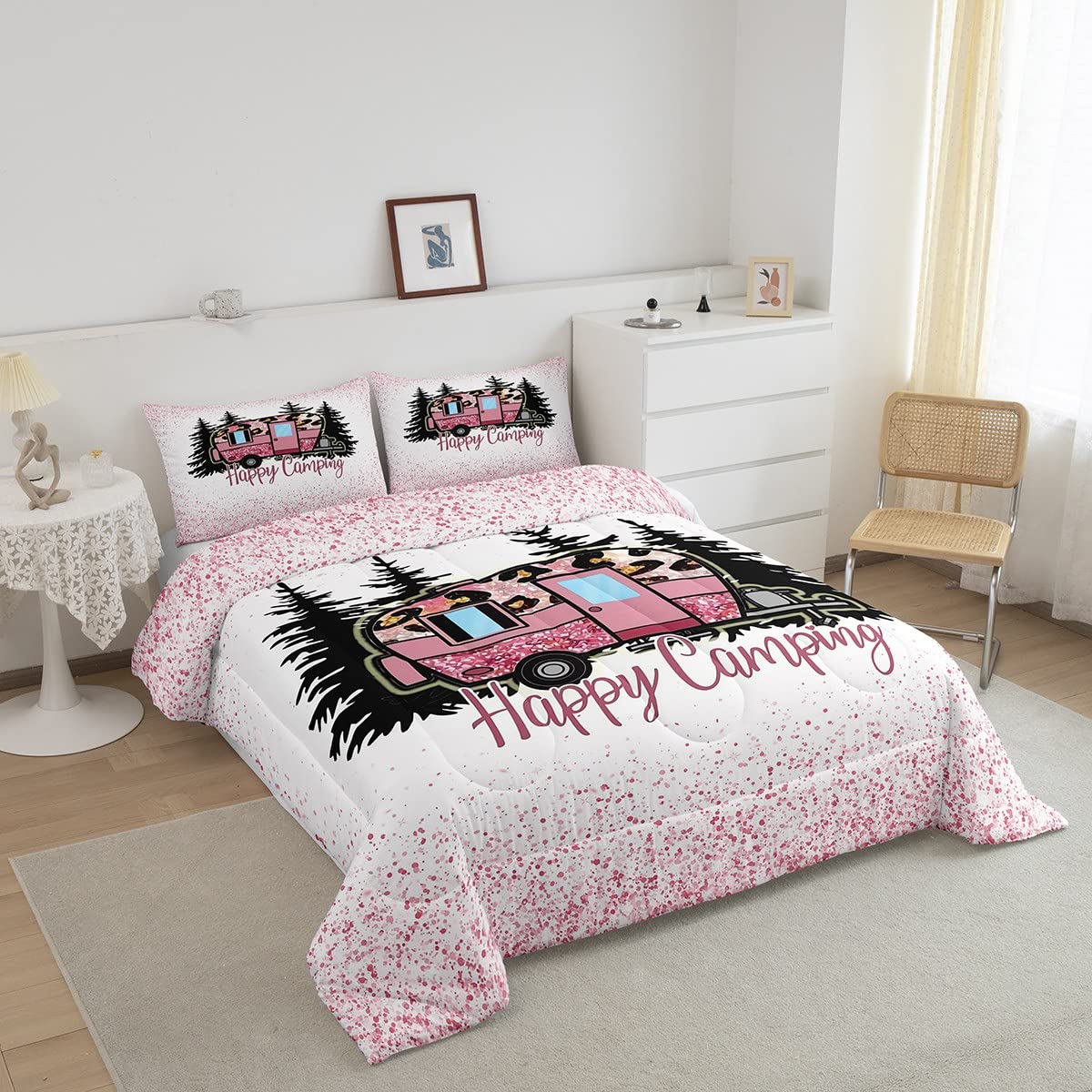 Happy Camping Comforter Set Twin Size - Cartoon Camper Car Design, Farmhouse Nature Theme, Down Alternative Duvet Quilt with 1 Pillowcase (Pink & White) - Perfect for Kids' Bedroom, RV Camping & Cozy Cabin Decor