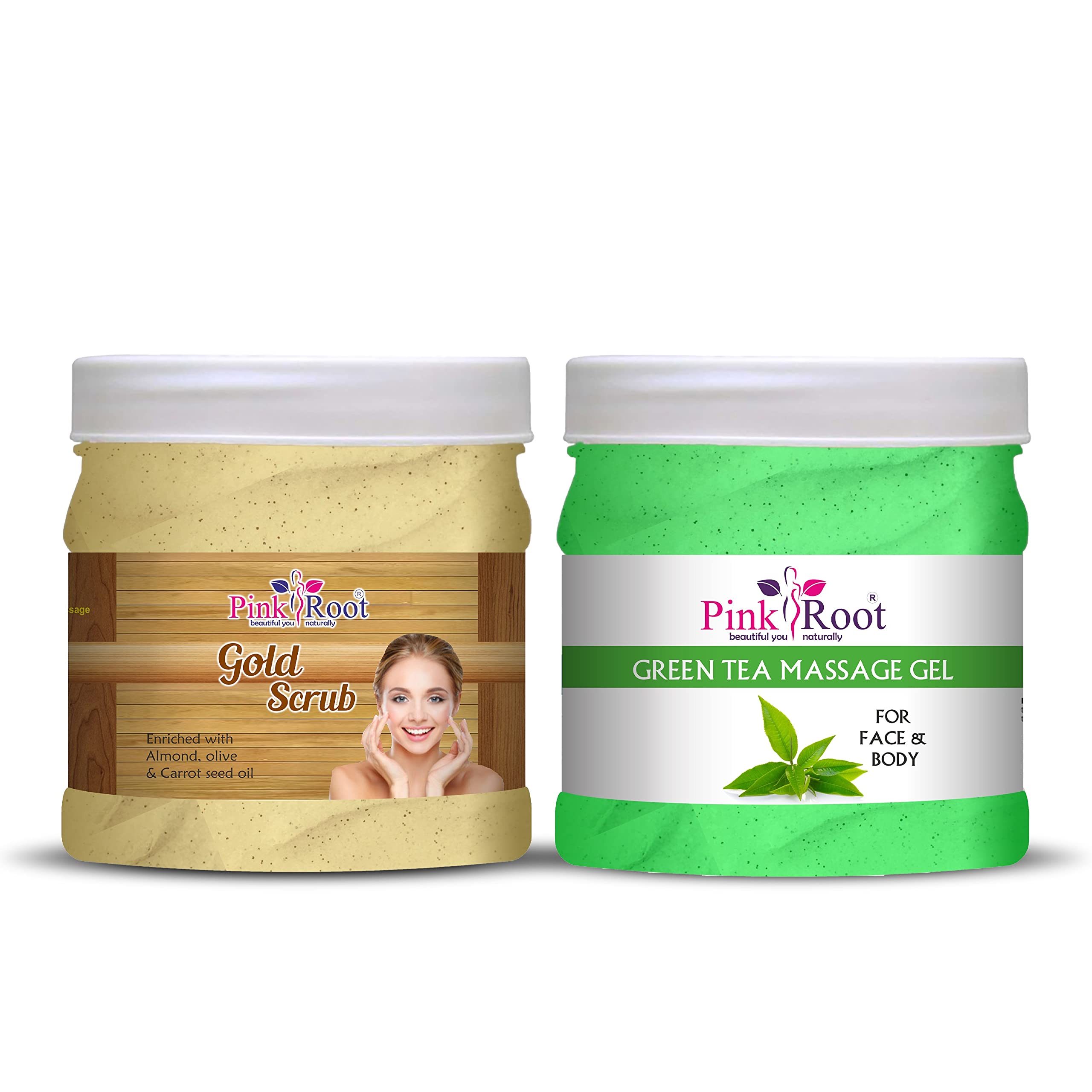 **Pink Root Green Tea Massage Gel & Gold Scrub Set - 500ml Each for Relaxation & Exfoliation - Perfect for Spa, Body Care & Skin Rejuvenation**