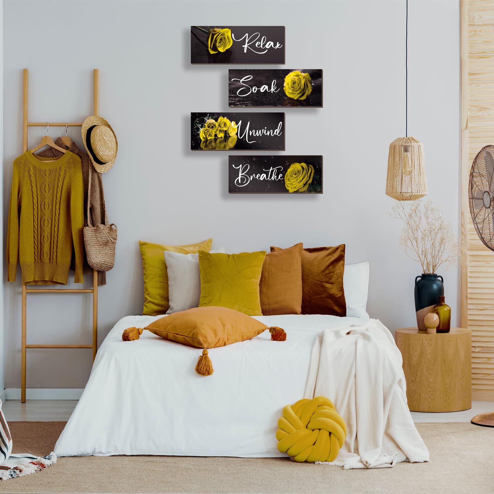 4Pcs Yellow Rose Wall Decor - Wooden Bathroom Accessories Set with 