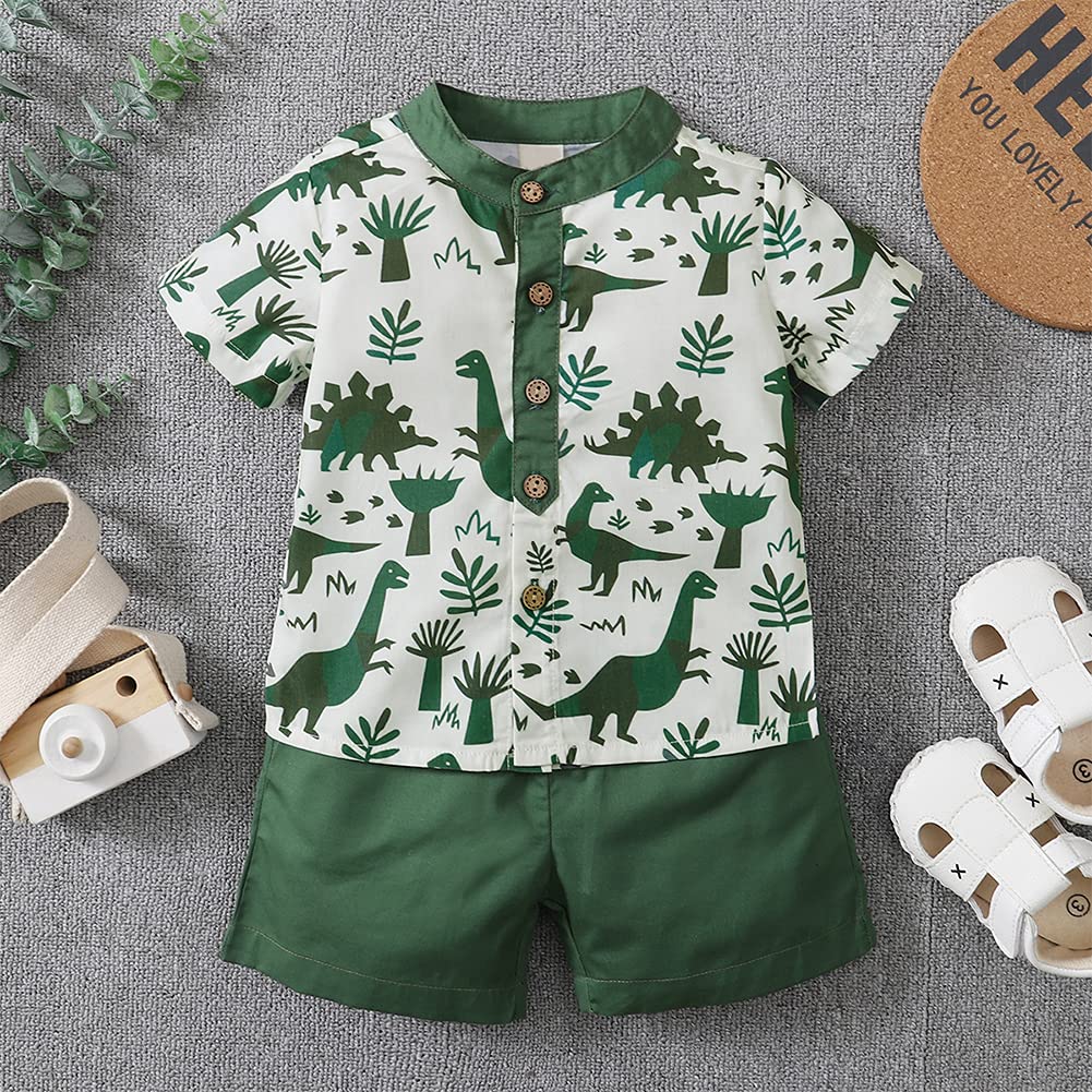 Green Dinosaurs Printed Henley Shirt and Shorts Set for Toddler Boys - 2-Piece Short Sleeve Summer Outfit | Playtime, Daycare & Outdoor Adventures