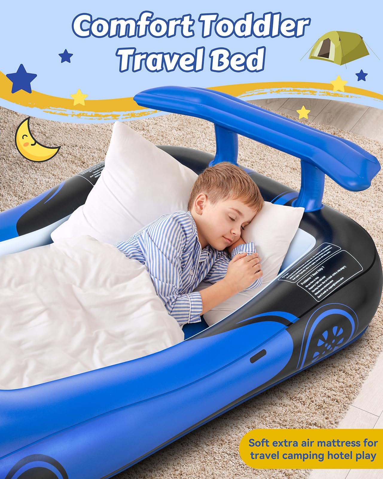 Inflatable Toddler Travel Bed with Safety Bumpers - Portable Racecar Air Mattress for Kids with Electric Pump | Perfect for Travel, Camping, Sleepovers & Vacation Gifts | Durable & Comfortable for Indoor & Outdoor Use