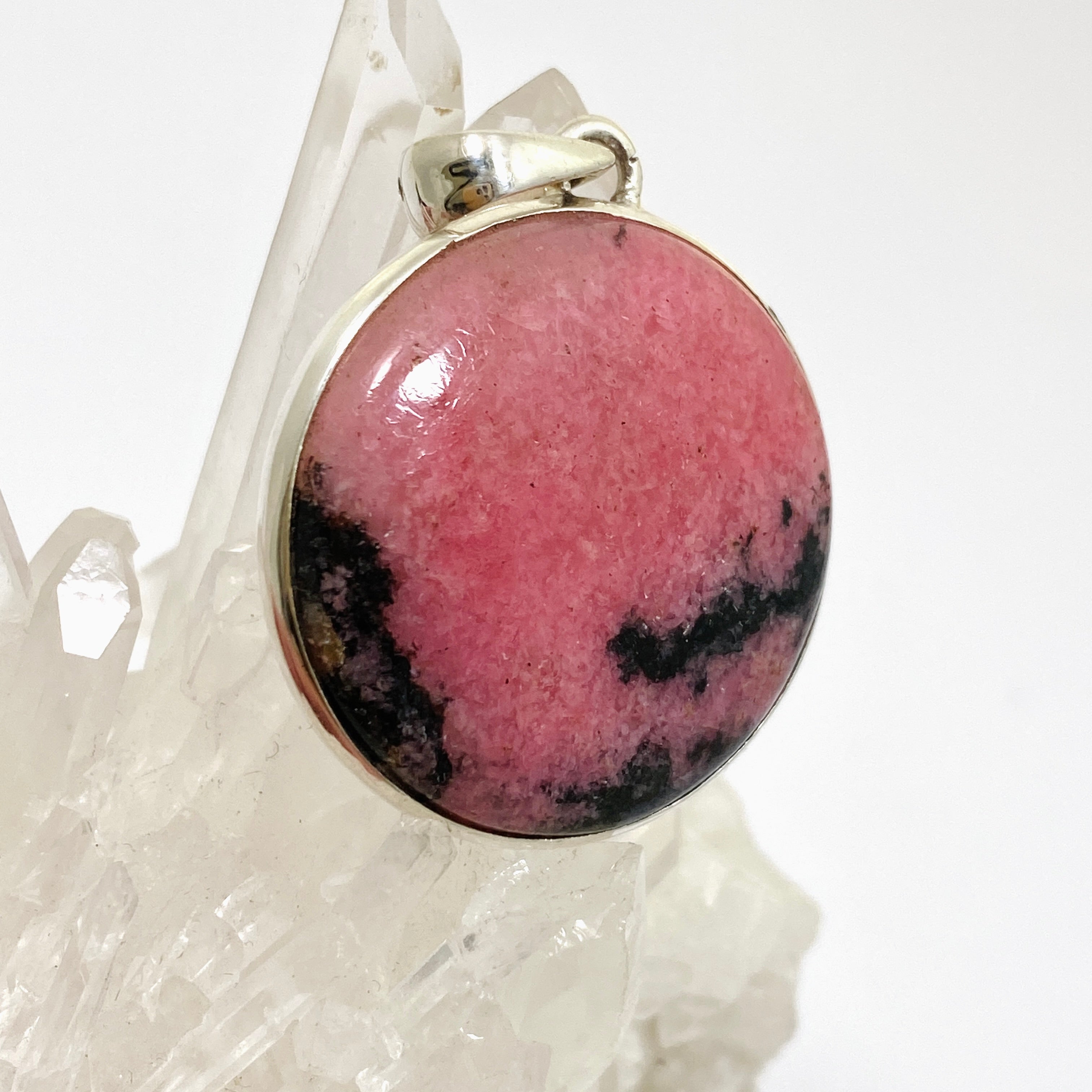 Natural Rhodonite Round Cabochon Pendant - 925 Sterling Silver Jewelry PPGJ1057 for Healing, Meditation & Spiritual Gifts
