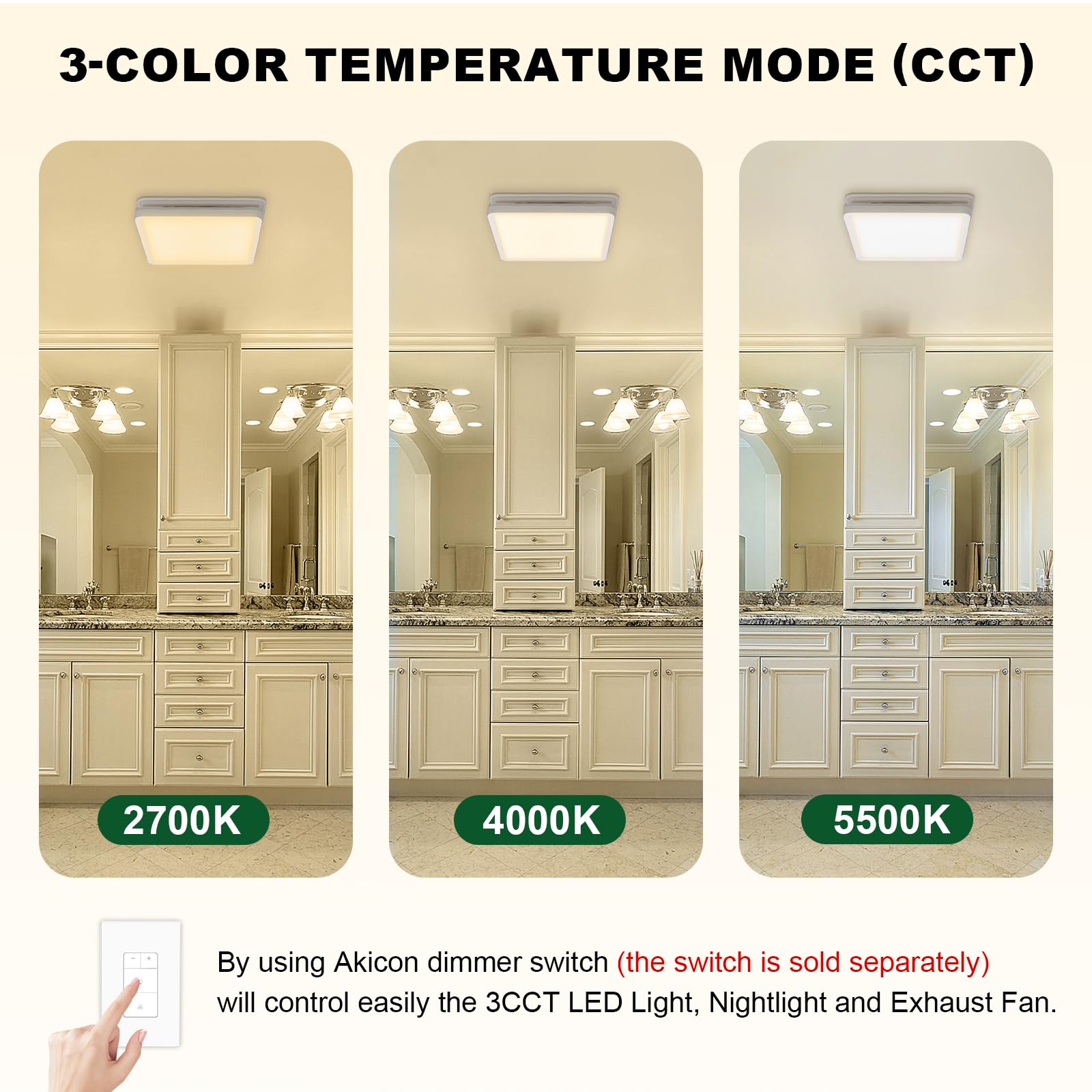 Akicon 80CFM Bathroom Exhaust Fan with Dimmable LED Light & Nightlight - Ultra Quiet 2.0 Sones Ceiling Ventilation Fan, 15W 3CCT Shower Light for Home Bathroom - Perfect for Moisture Control & Air Circulation in Bathrooms, Showers, and Laundry Rooms (Square, White)